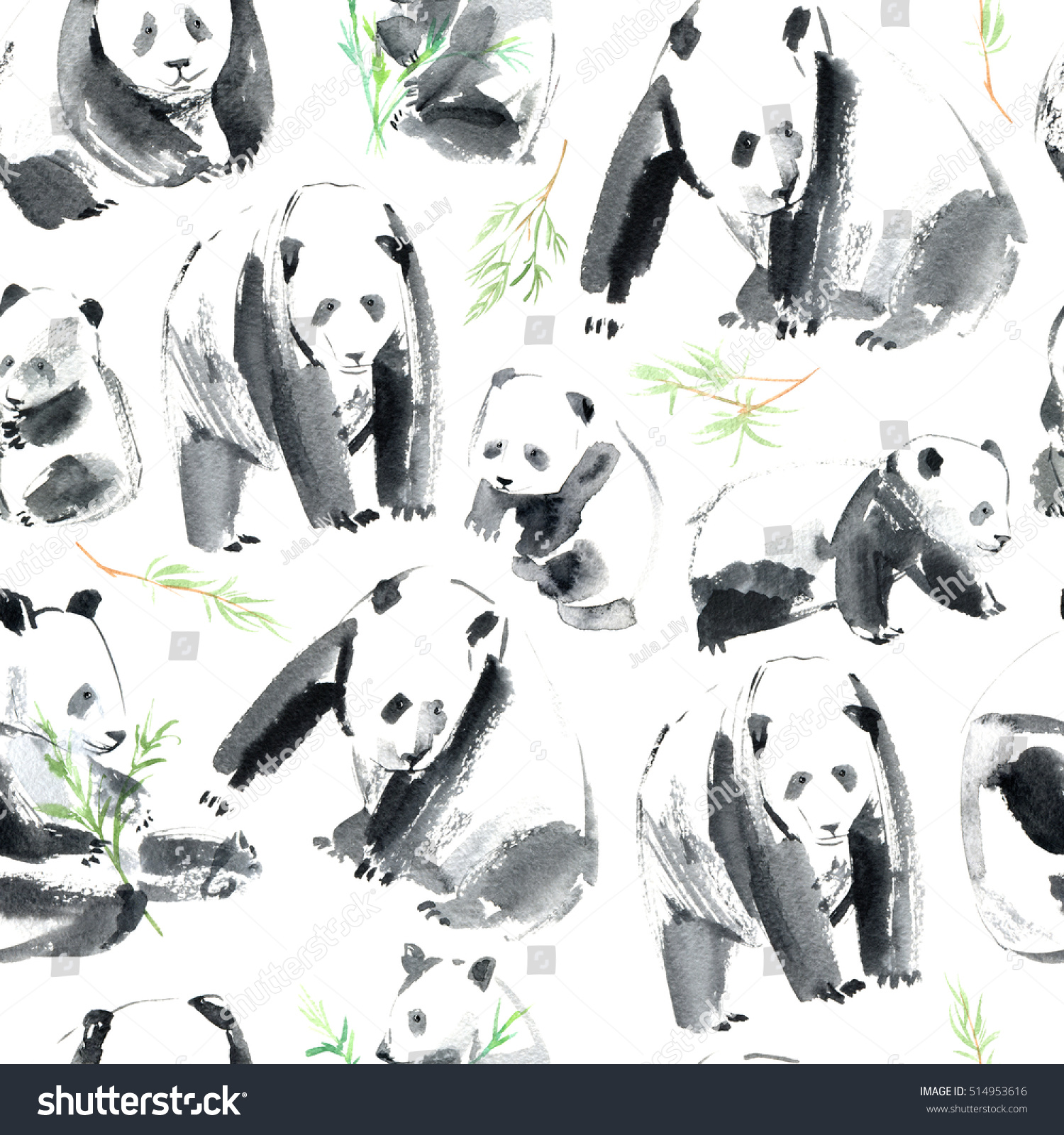 Seamless pattern with panda and bamboo.Postcard with animals.Watercolor hand drawn illustration.White background.