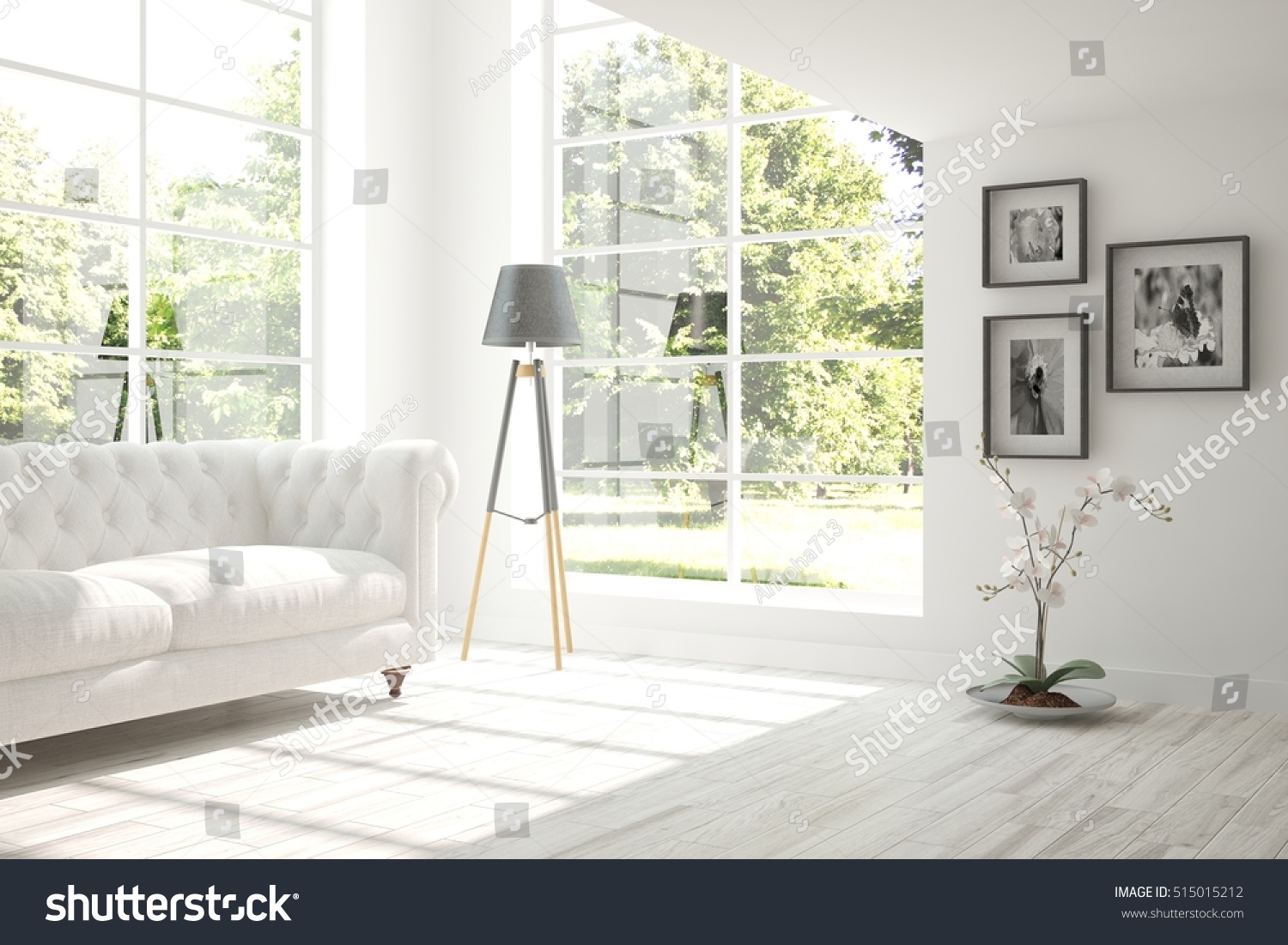 与沙发的白色房间。斯堪的纳维亚室内设计。 3D插图