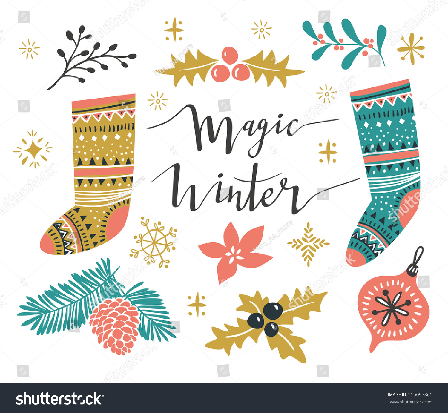 Christmas Set. Template for Greeting Scrap booking  Congratulations  Invitations. Vector illustration with stylish lettering 'Wonder winter' and isolated christmas elements.
