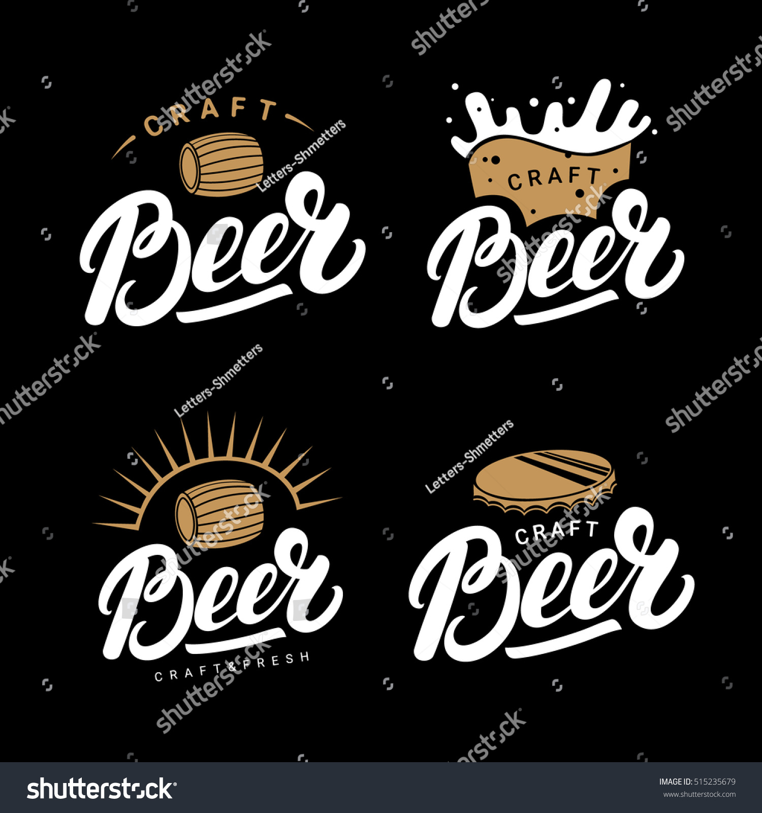 Set of beer hand written lettering logos  labels  badges for beer house  brewing company  pub  bar. Modern brush calligraphy and design elements. Isolated on black background. Vector illustration.