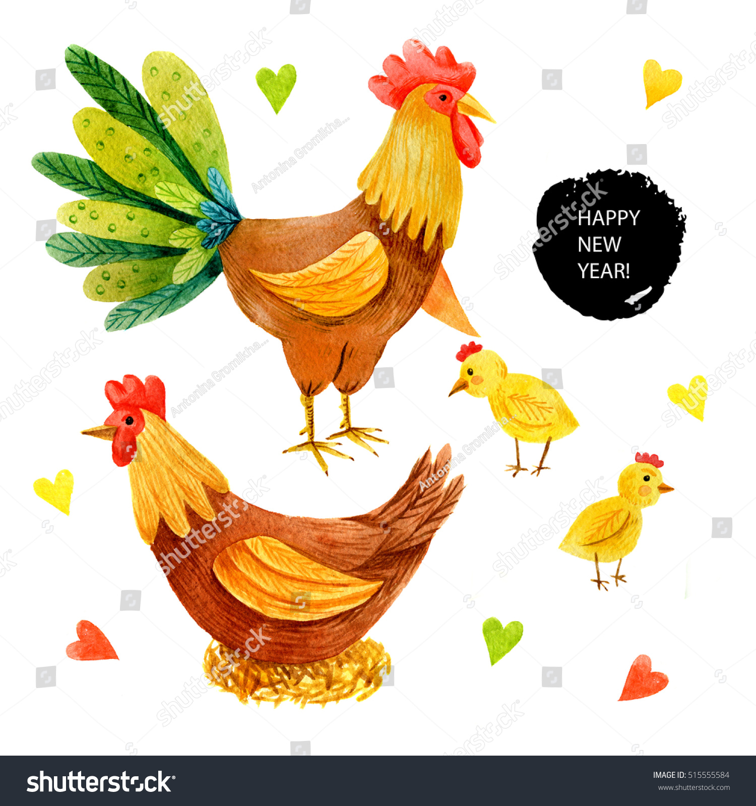 Colorful rooster with family  New Year card  Chinese New Year  watercolor 2017