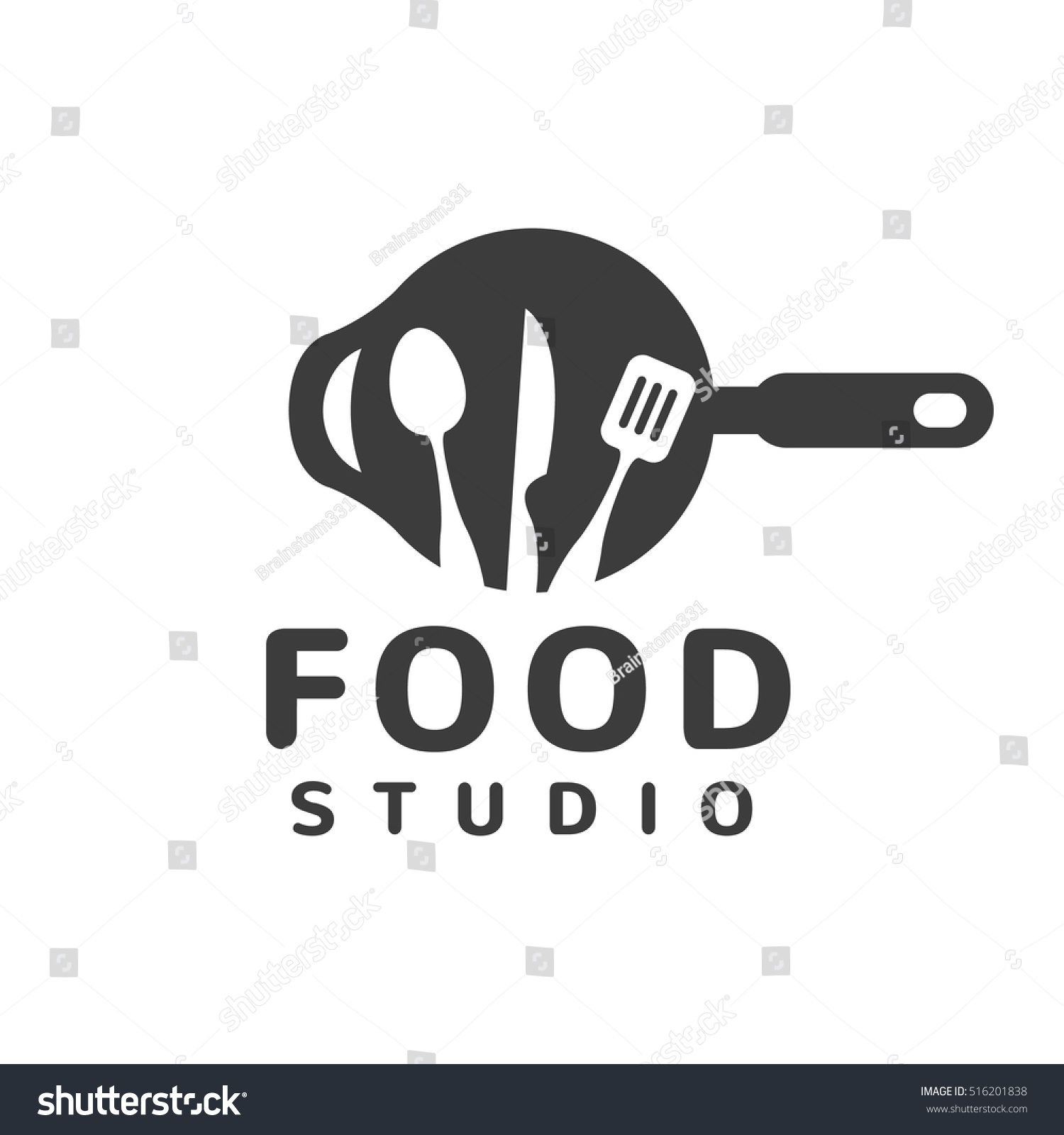 Food studio vector logo. Kitchen tools. Food icon. Food logo. Cooking logo. Restaurant vector logo template. Cafe logo. Pan icon.