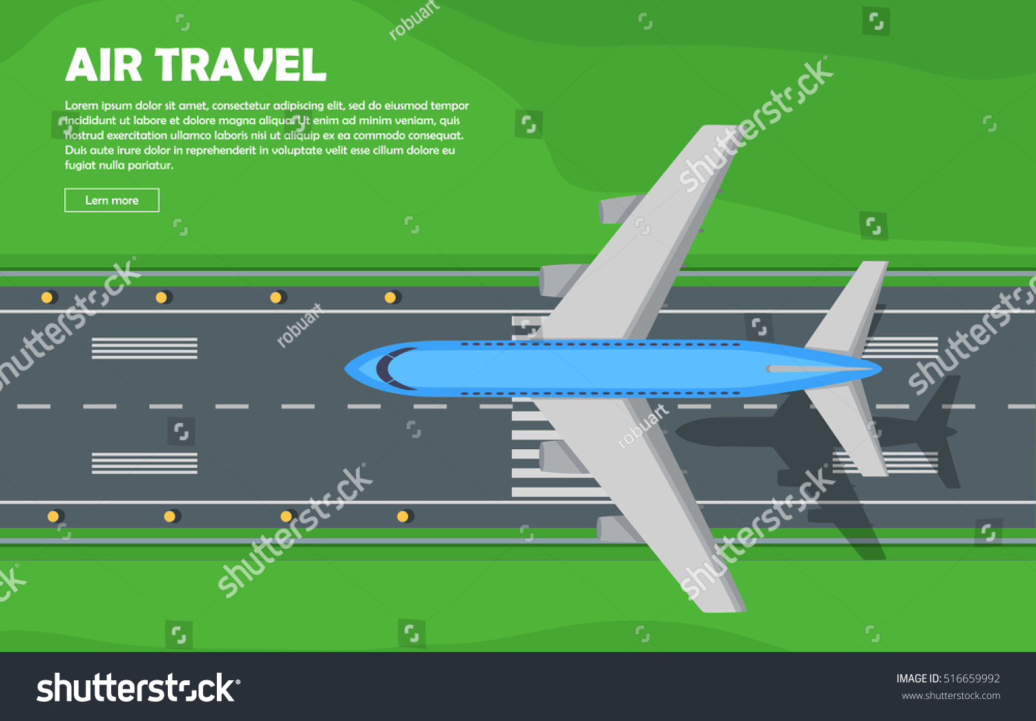 Aviation travel vector illustration of airplane. Plane  airport  runway  takeoff  grass  marking  lights. Vector informative poster  banner illustration. For airport hall or website about airplanes