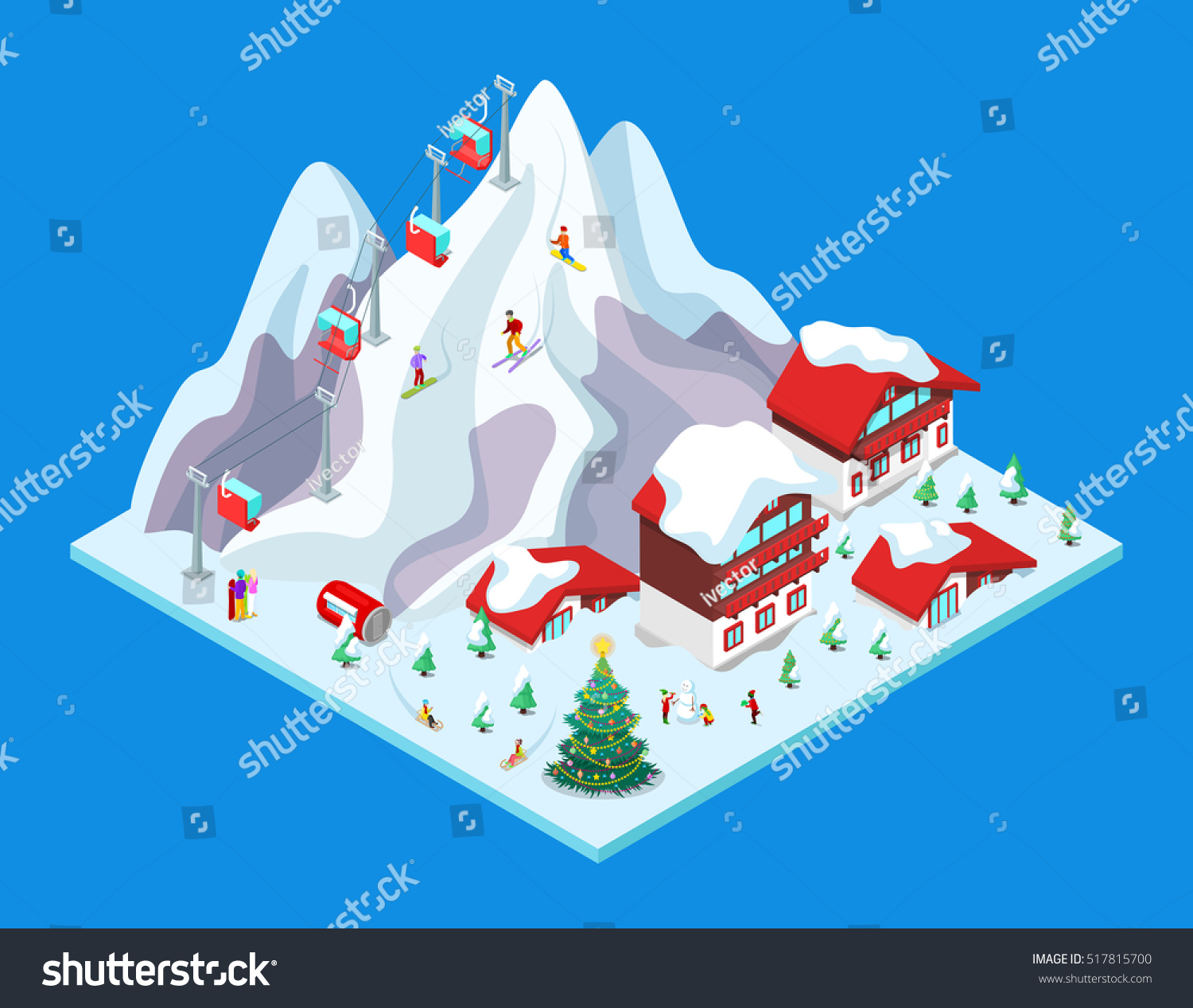 Isometric Ski Resort with Hotel Buildings  Snowy Mountains and Lift. Vector 3d flat illustration