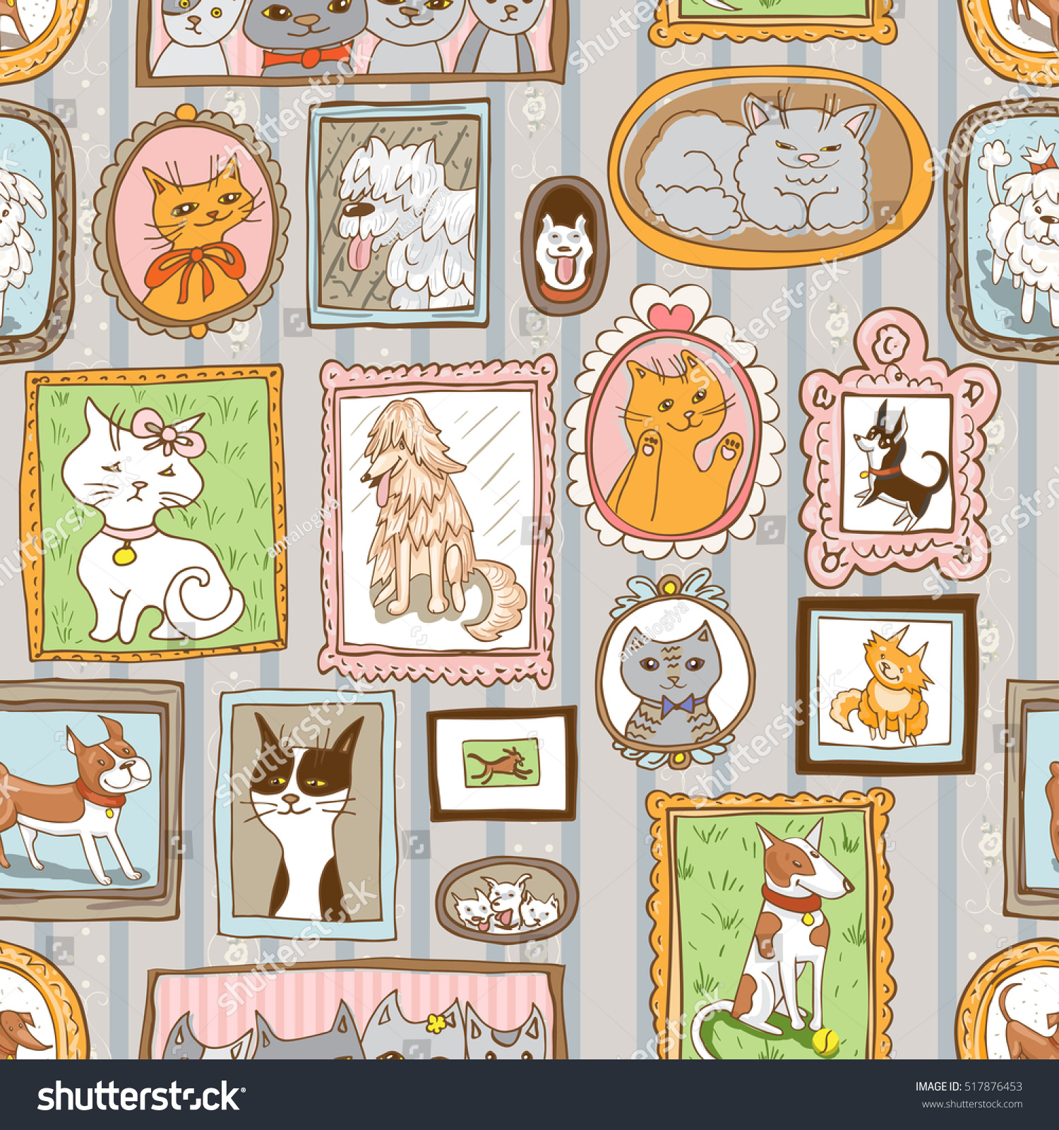 cute cats and dogs retro portraits seamless pattern. pets vector ...