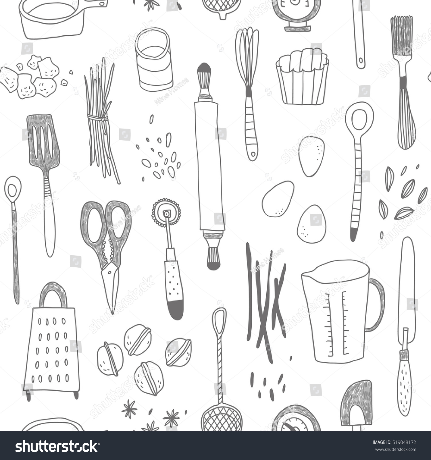 vector seamless pattern with hand drawn baking tools