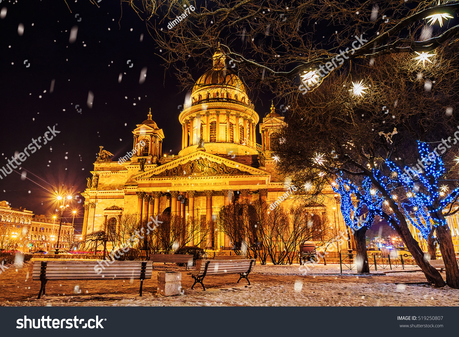 St. Isaac's Cathedral in St. Petersburg in the Christmas illumination at night