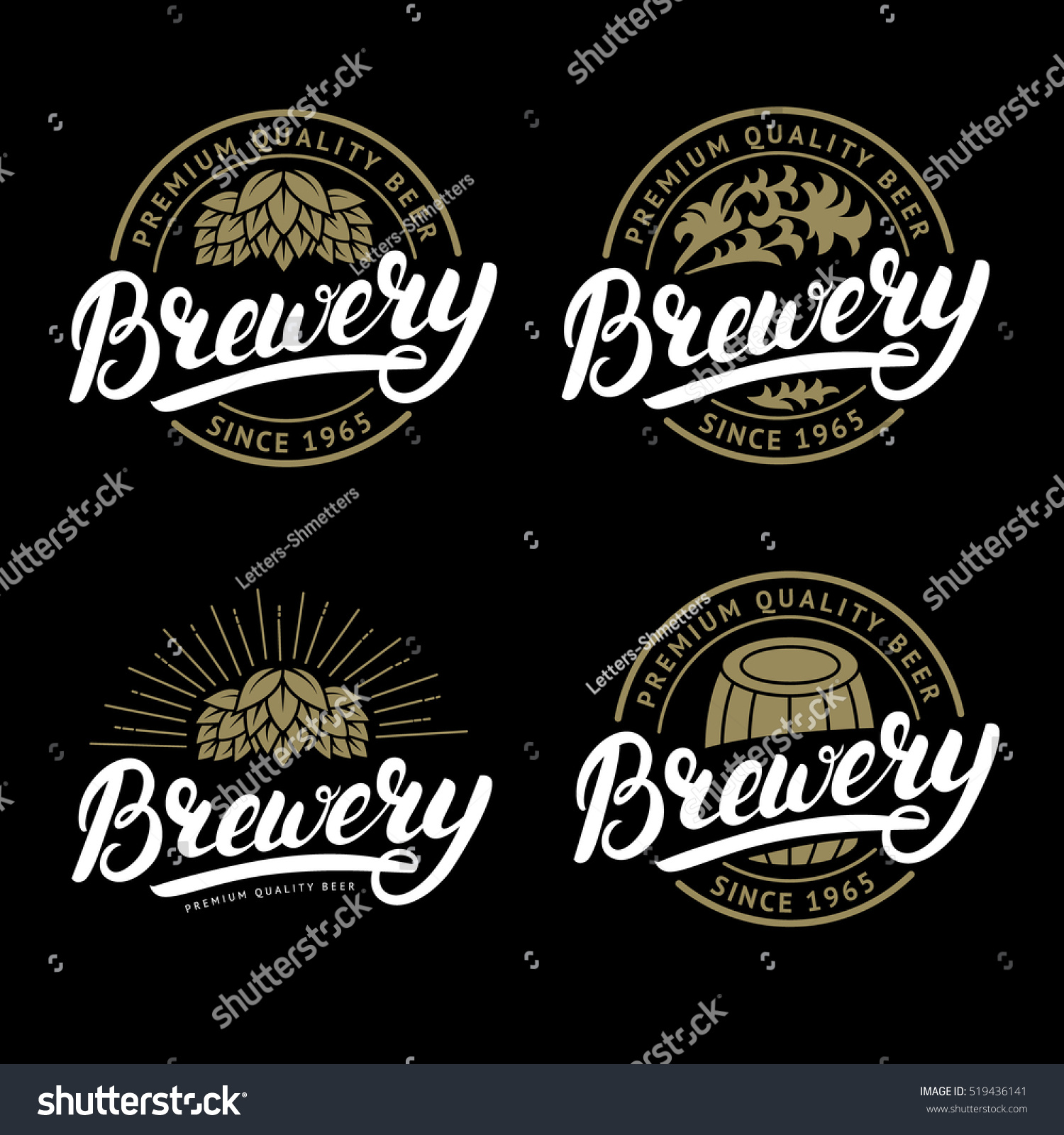 Set of Brewery hand written lettering logo  label  badge template with hop for beer house  bar  pub  brewing company  tavern  wine whiskey market. Black background. Vintage style. Vector illustration.