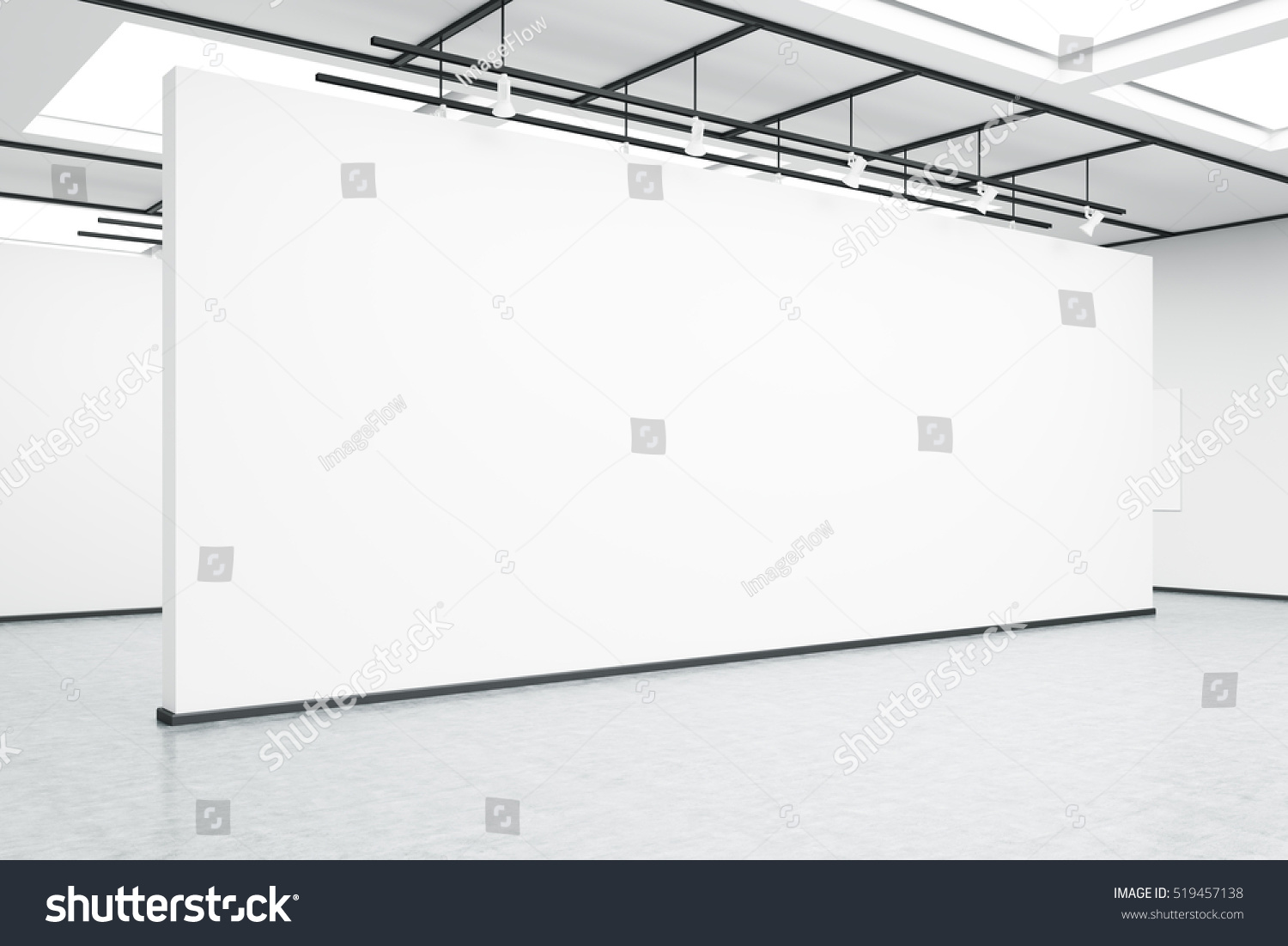 Side view of an empty exhibition hall wall. Concrete floor bright lightning. Concept of modern art. 3d rendering. Mock up.