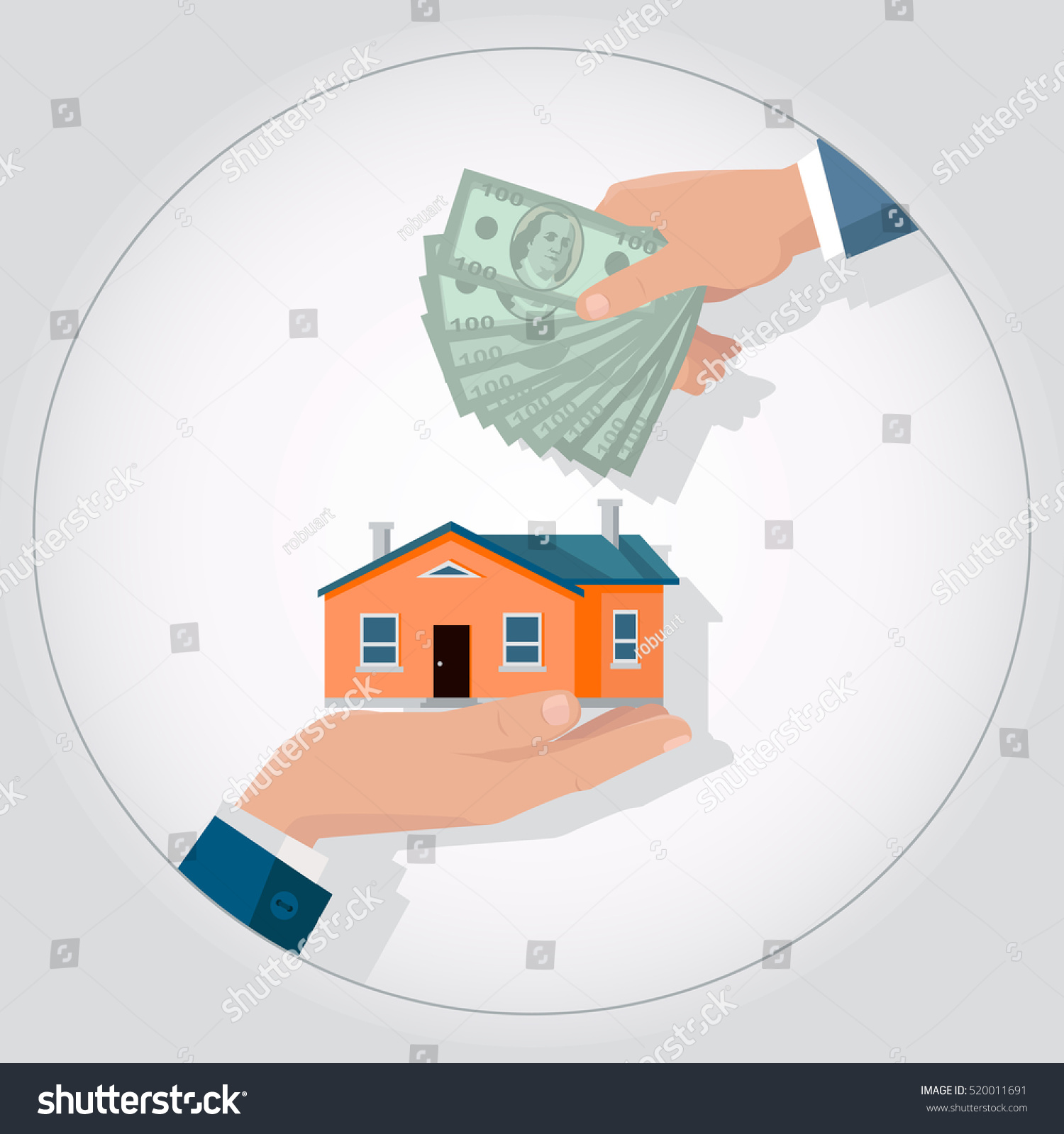 Real estate conceptual vector in flat design. Hands with house and money. Realtor agreement. Buying a new place for living. Illustration for real estate company advertising  housing concepts.
