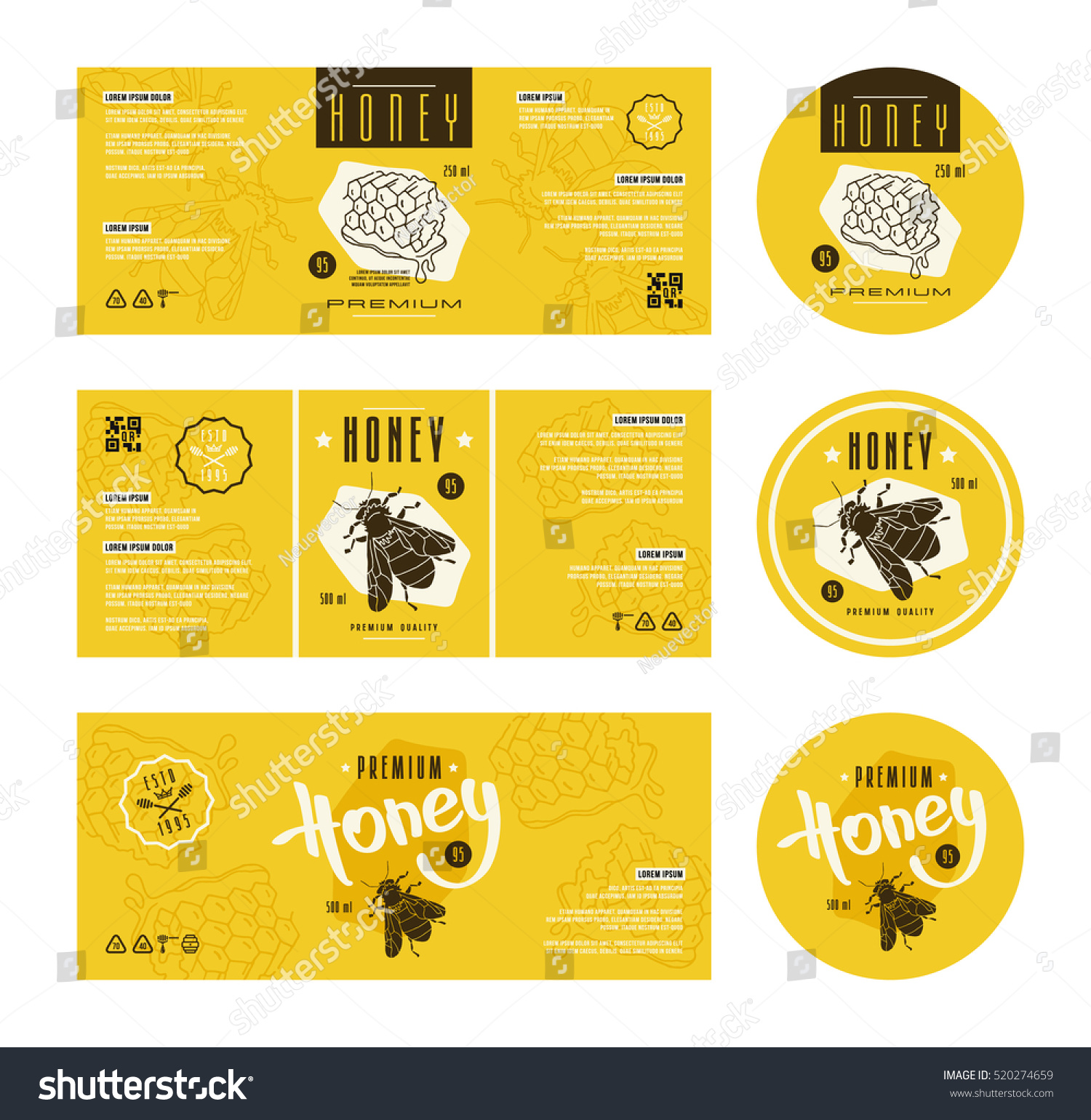 Set of templates label for honey. With hand-drawn graphic 
