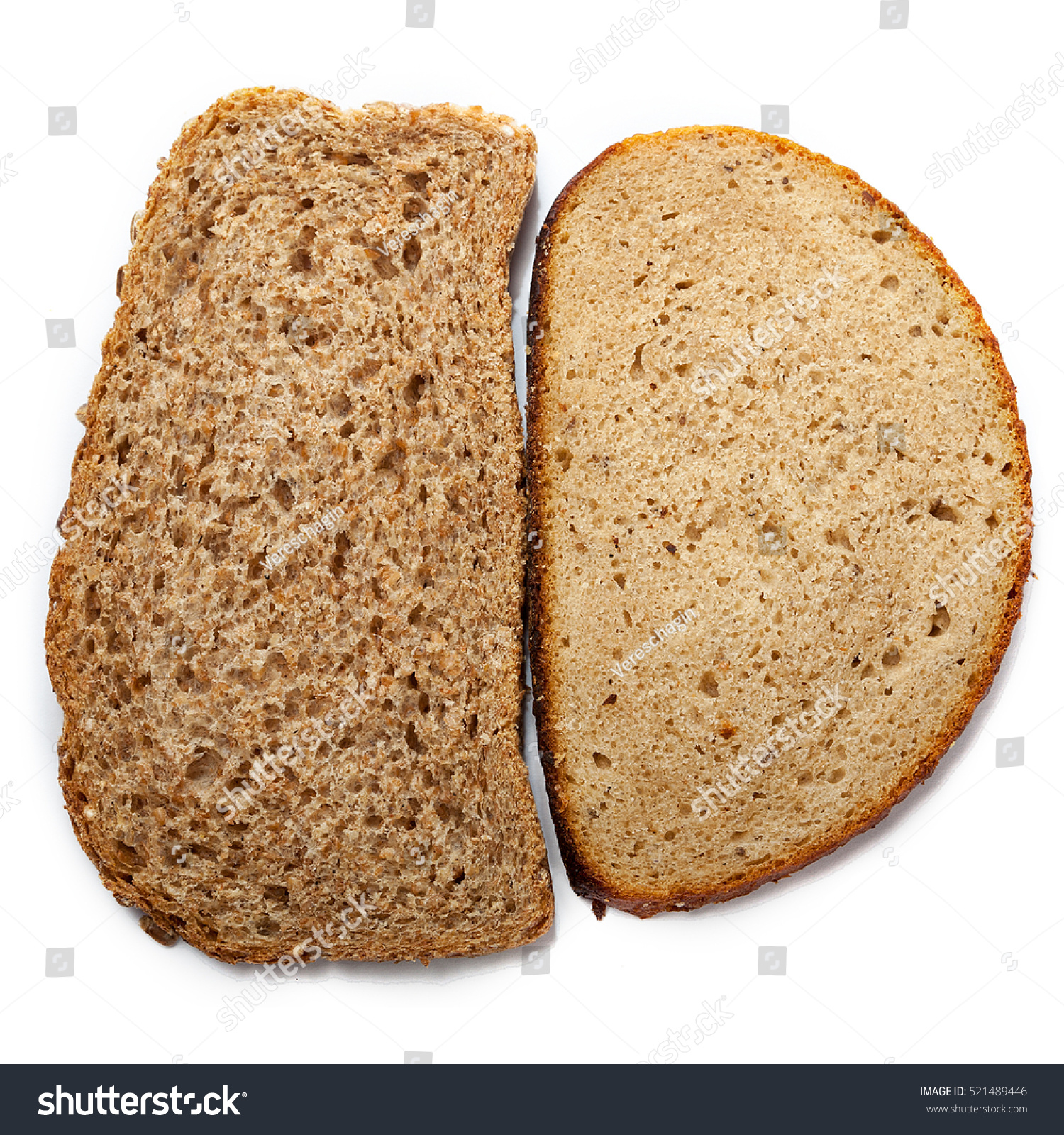 two pieces of different bread isolated on white background