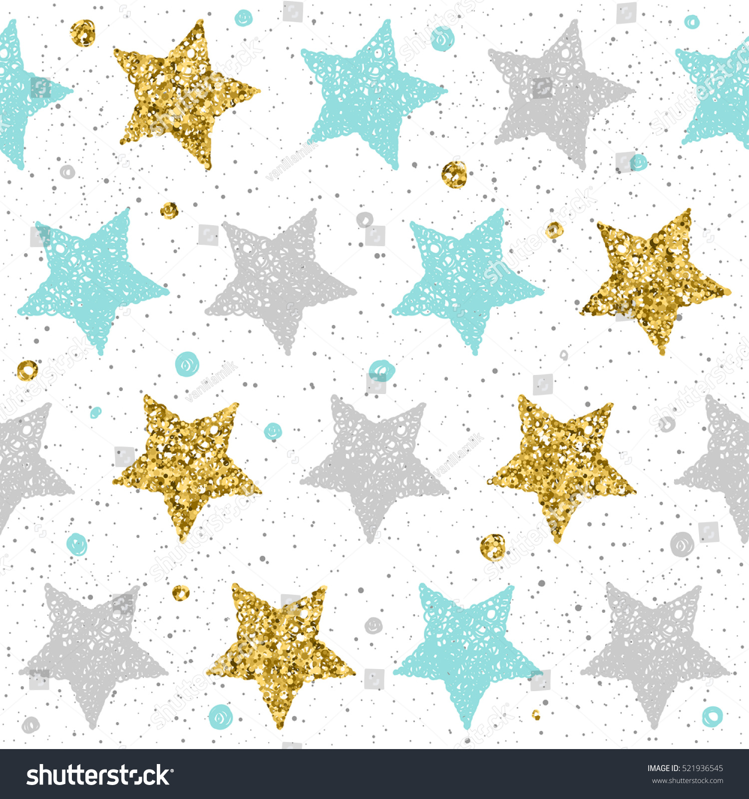 Doodle star seamless pattern background. Grey  blue and gold star. Abstract star seamless pattern for card  invitation  poster  album  book  fabric  t shirt  wrapping paper etc. Gold glitter texture. 