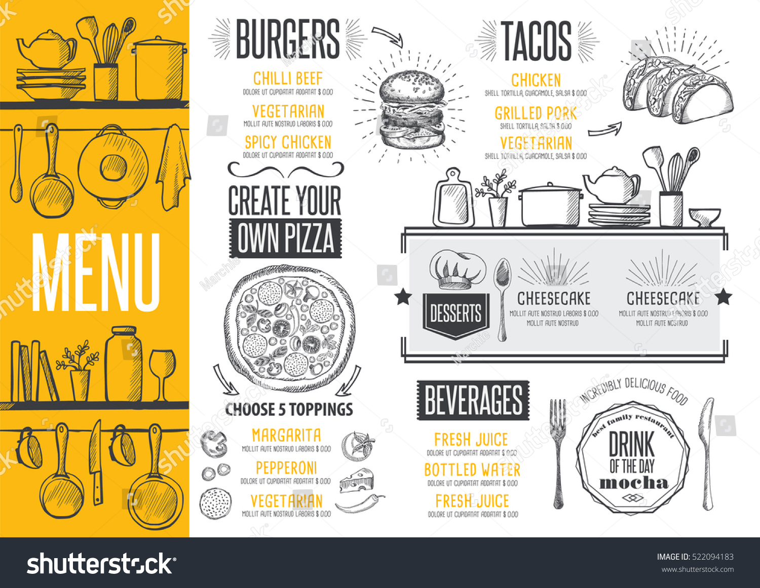 Cafe menu food placemat brochure  restaurant template design. Creative vintage brunch flyer with hand-drawn graphic. 
