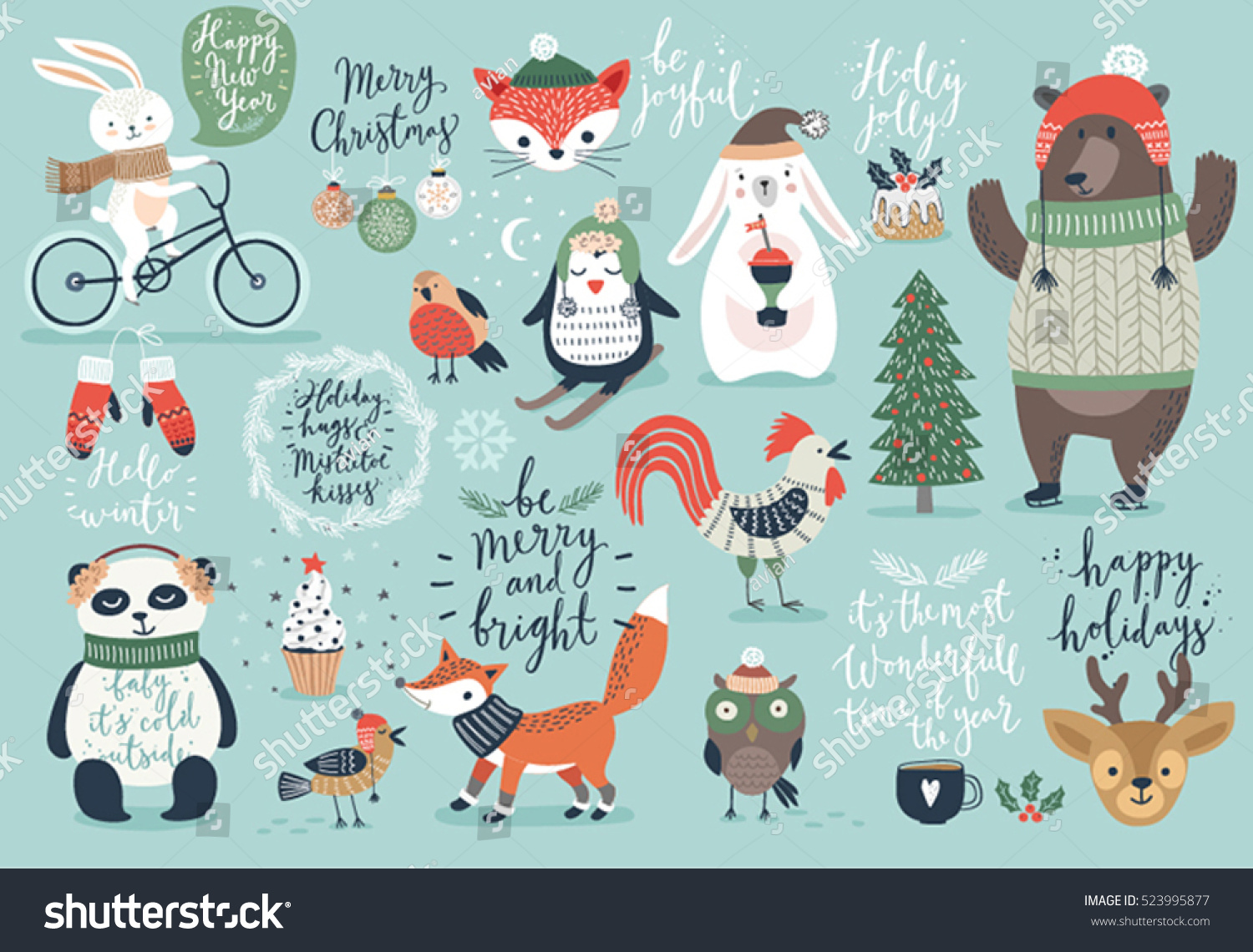 Christmas set  hand drawn style - calligraphy  animals and other elements. Vector illustration.