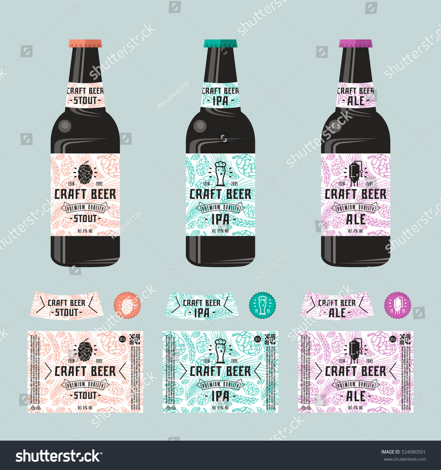 Set of templates label for craft beer. Print on white background. Presentation on the bottle