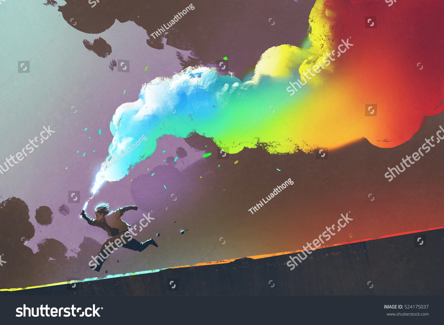 男孩在黑暗的背景上奔跑并抓住五颜六色的烟雾 插图绘画