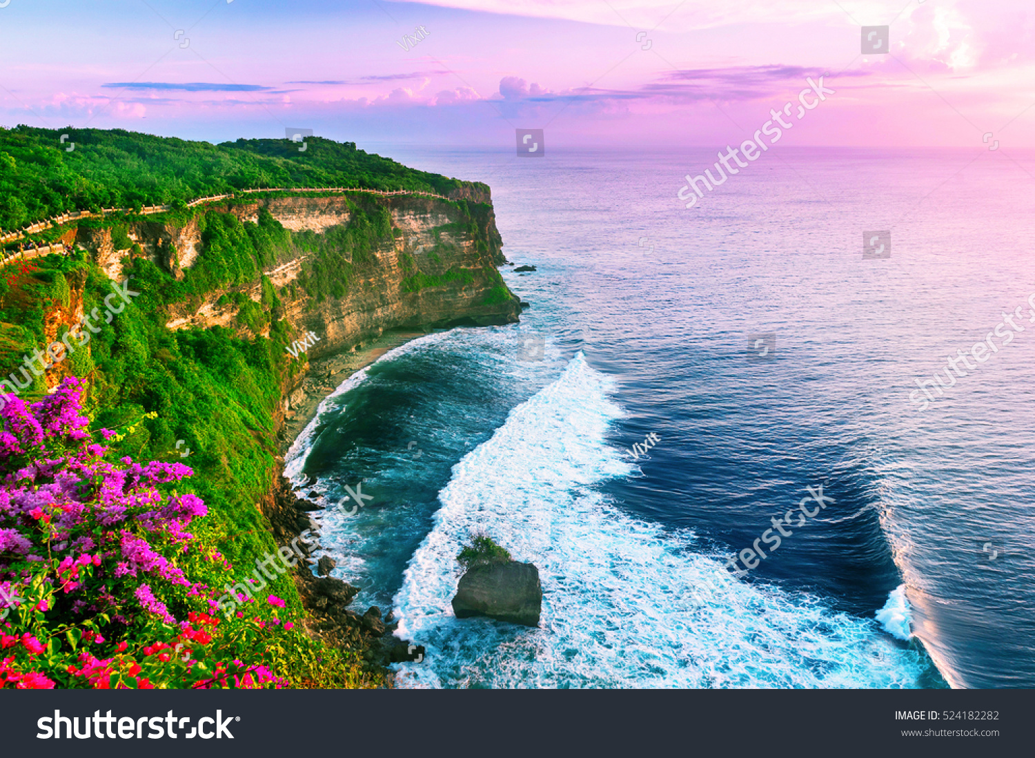 View of Uluwatu cliff with pavilion and blue sea in Bali  Indonesia