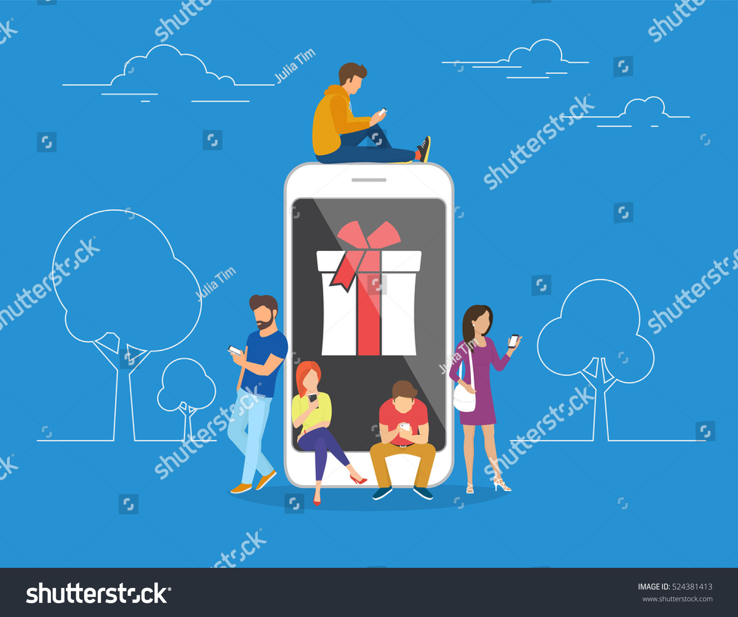 Christmas gifts and presents concept illustration of young people using mobile smartphone for searching gifts and purchasing. Flat men and women standing near big smartphone with gift box on screen