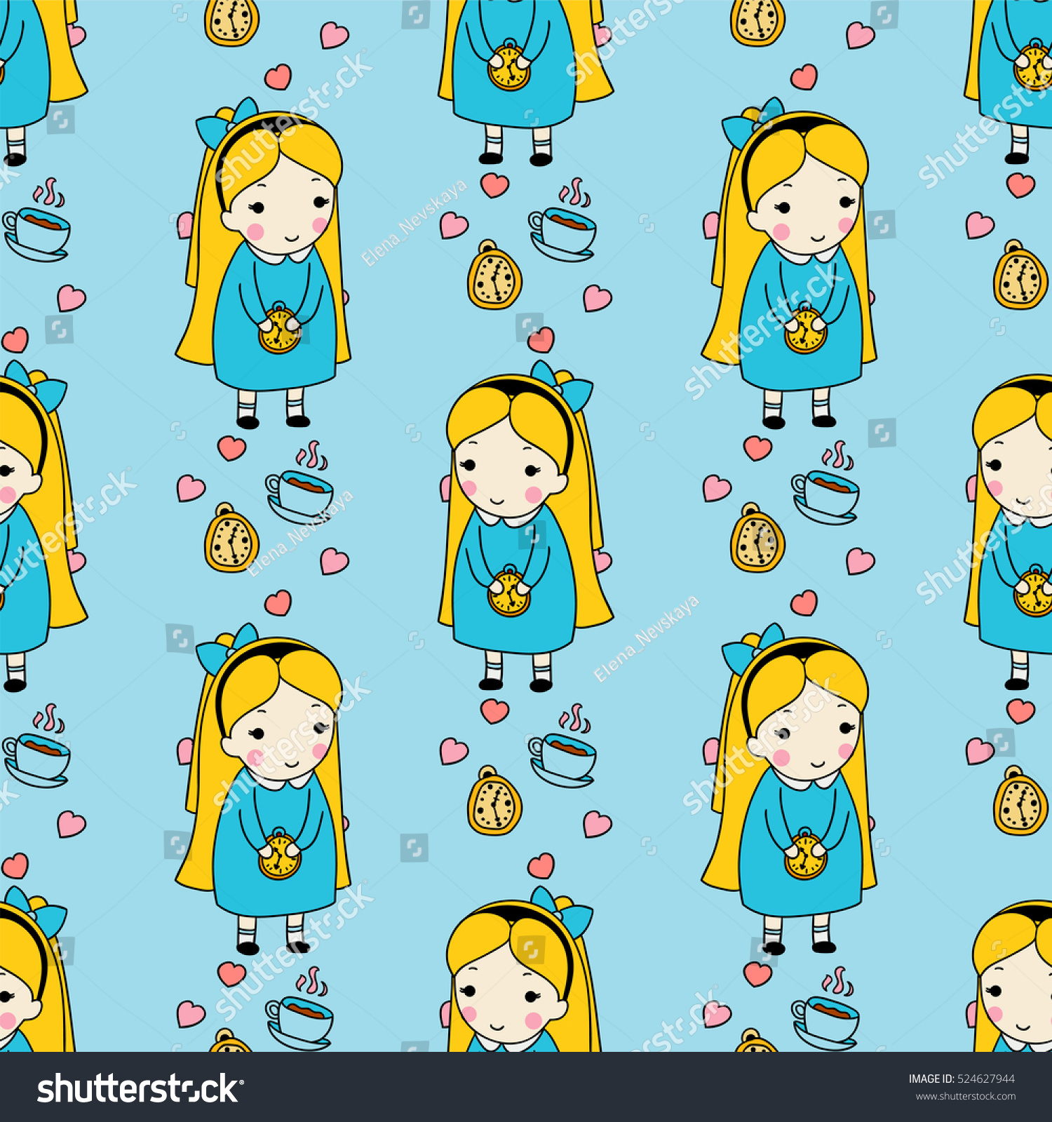 Vector seamless pattern. Cartoon girl  tea cup  clock and hearts. Hand drawn doodle style  childish colors. Blue  yellow  pink colors   