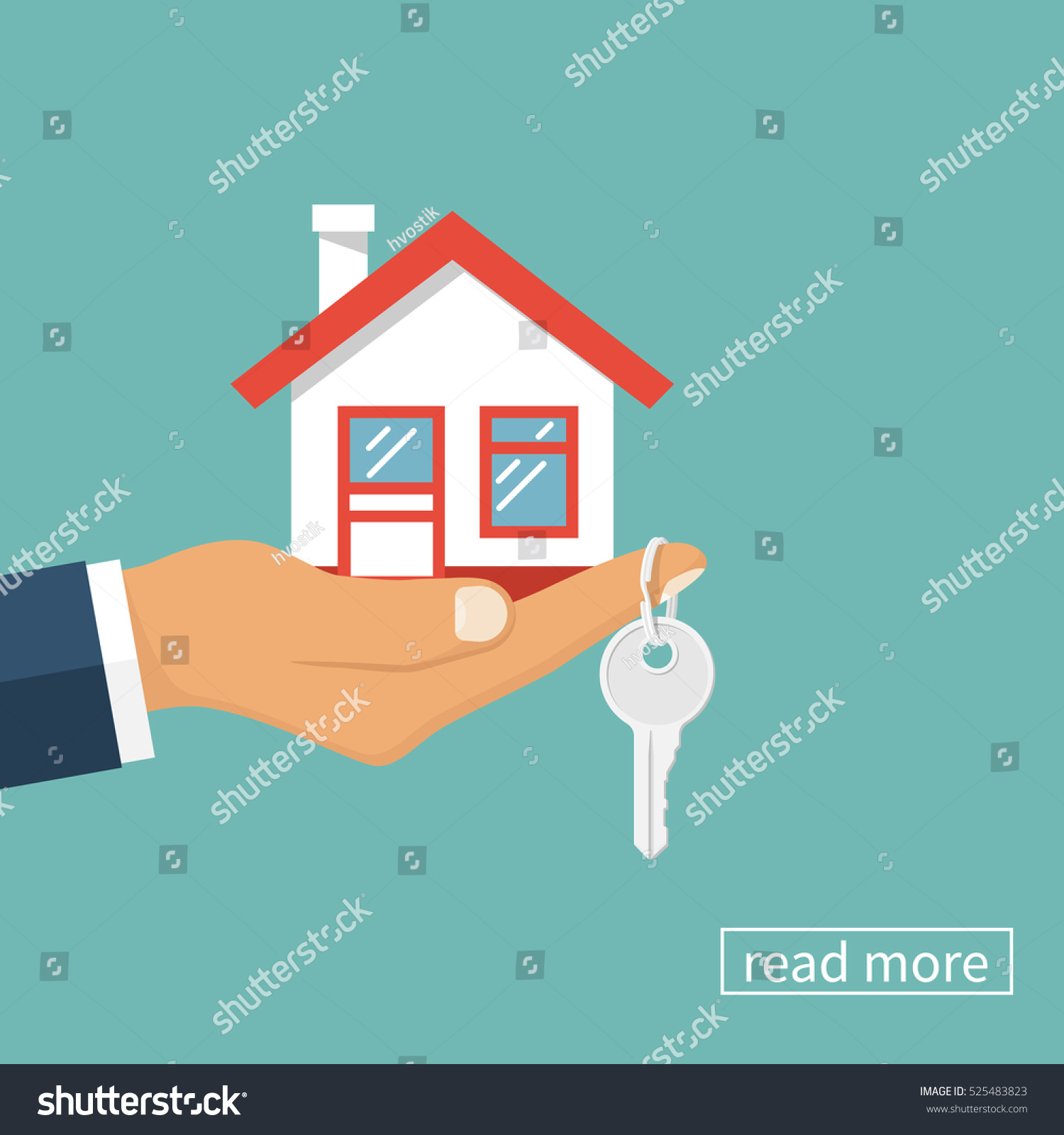 Hand agent with home in palm and key on finger. Offer of purchase house  rental of Real Estate. Giving  offering  demonstration  handing house keys. Vector illustration flat design.