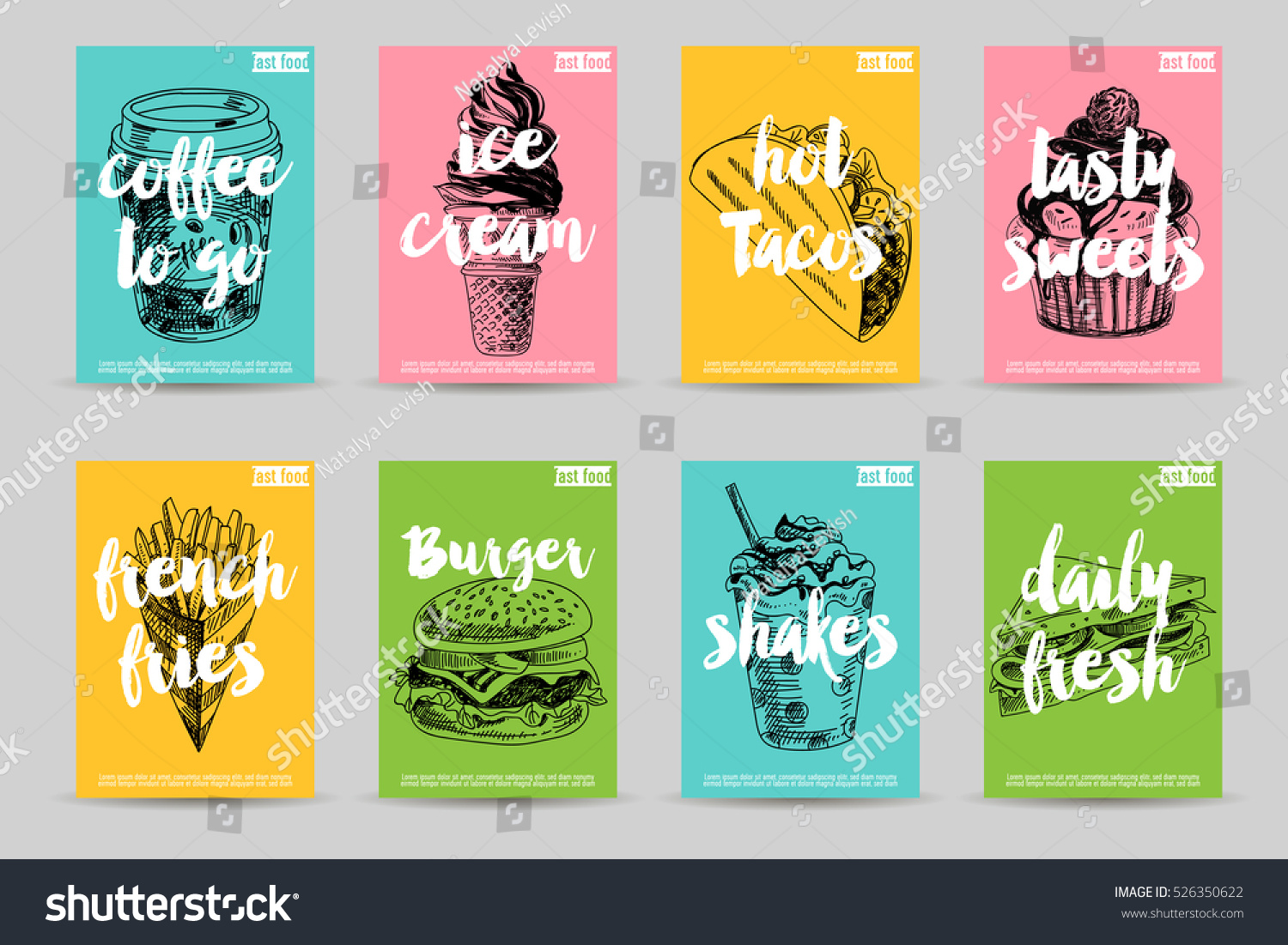 Vector hand drawn fast food posters. Vintage style. Retro food background. Sketch
