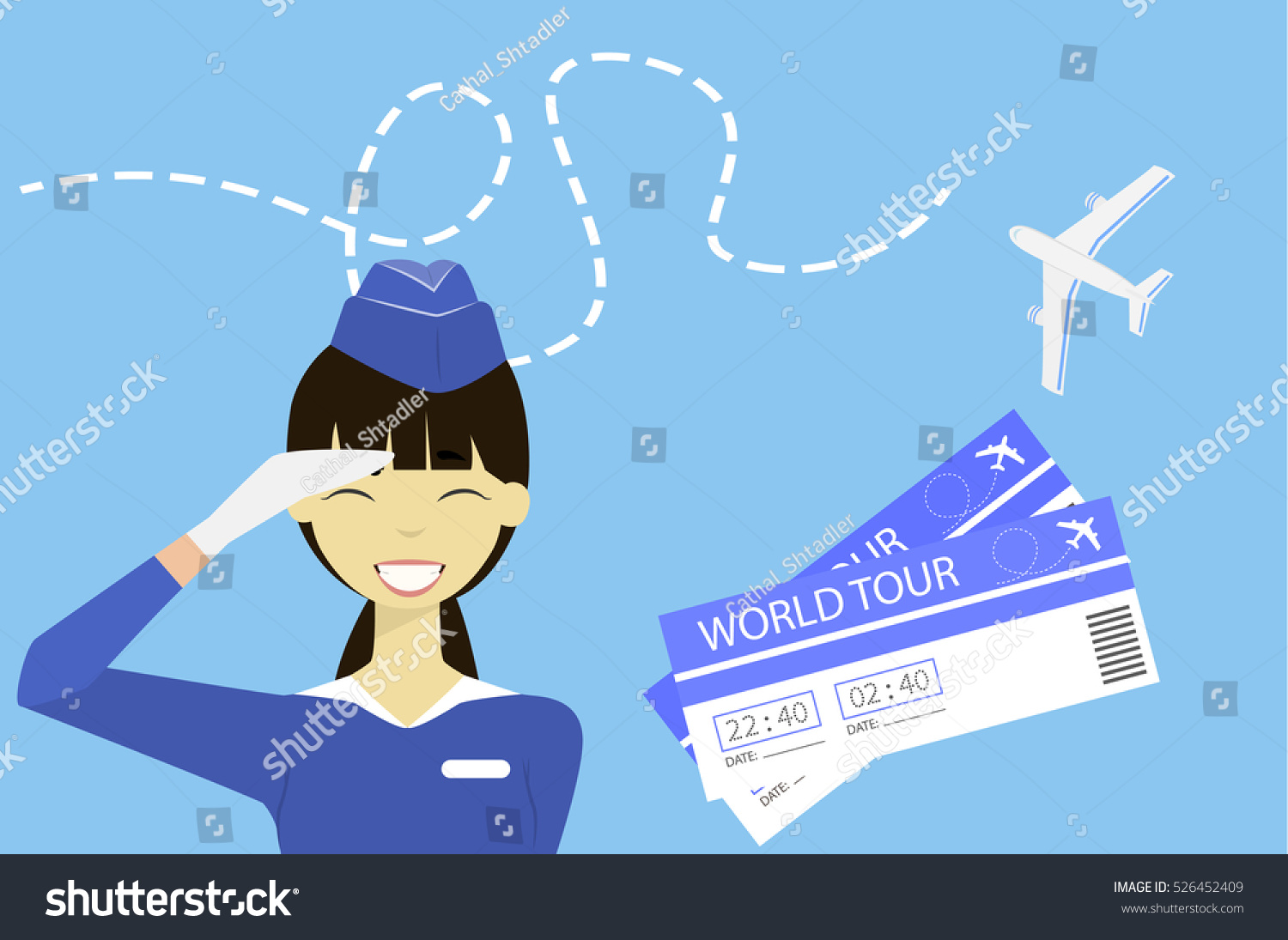 Flat vector illustration the flight attendant smiles and wished a successful way. Advertisement airlines. Traveling by plane.