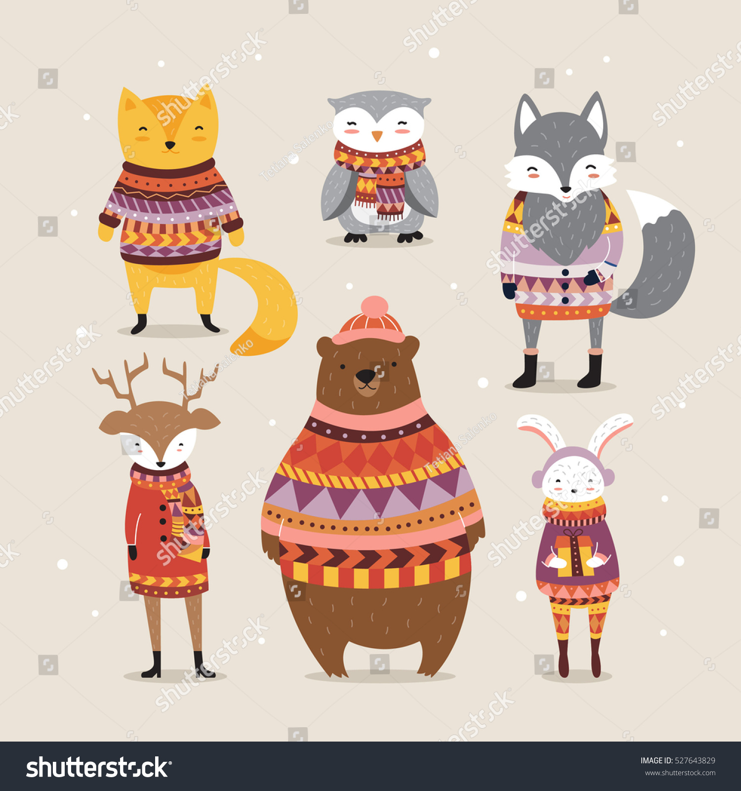 Cute winter animals in boho style. Hipster winter animals