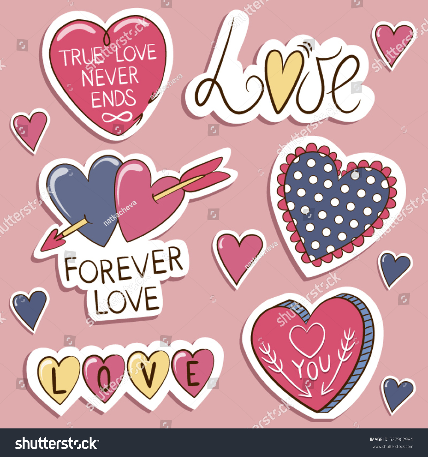 Pack of love stickers  with hearts. Hand drawn hearts and words in doodle style. Love concept. Freehand drawing. Valentines day decoration elements.