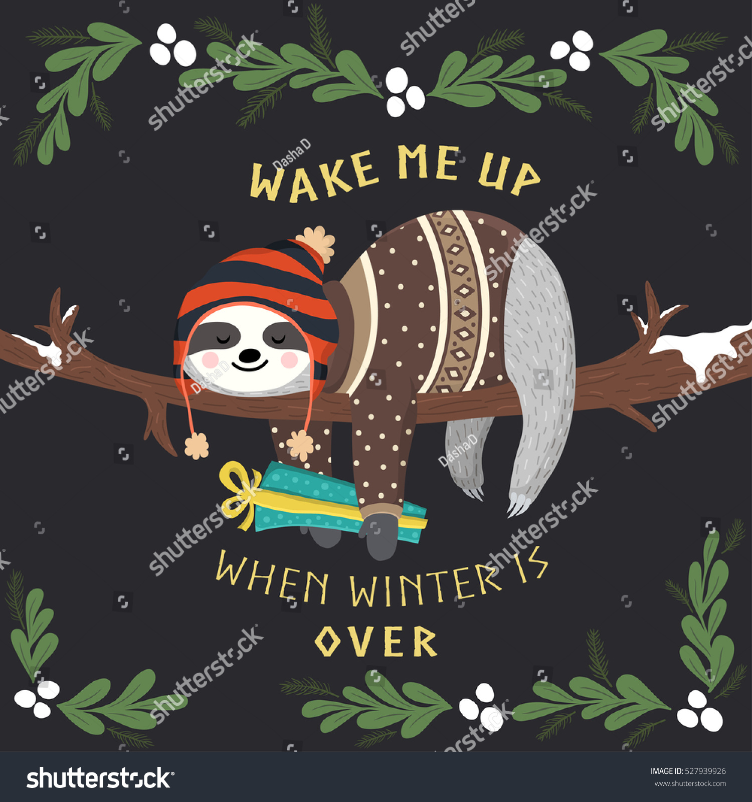 Cute baby sloth sleeping on the tree and holding gift box. Funny hipster sloth dressed up in winter style. Adorable cartoon animal. Vector winter forest illustration