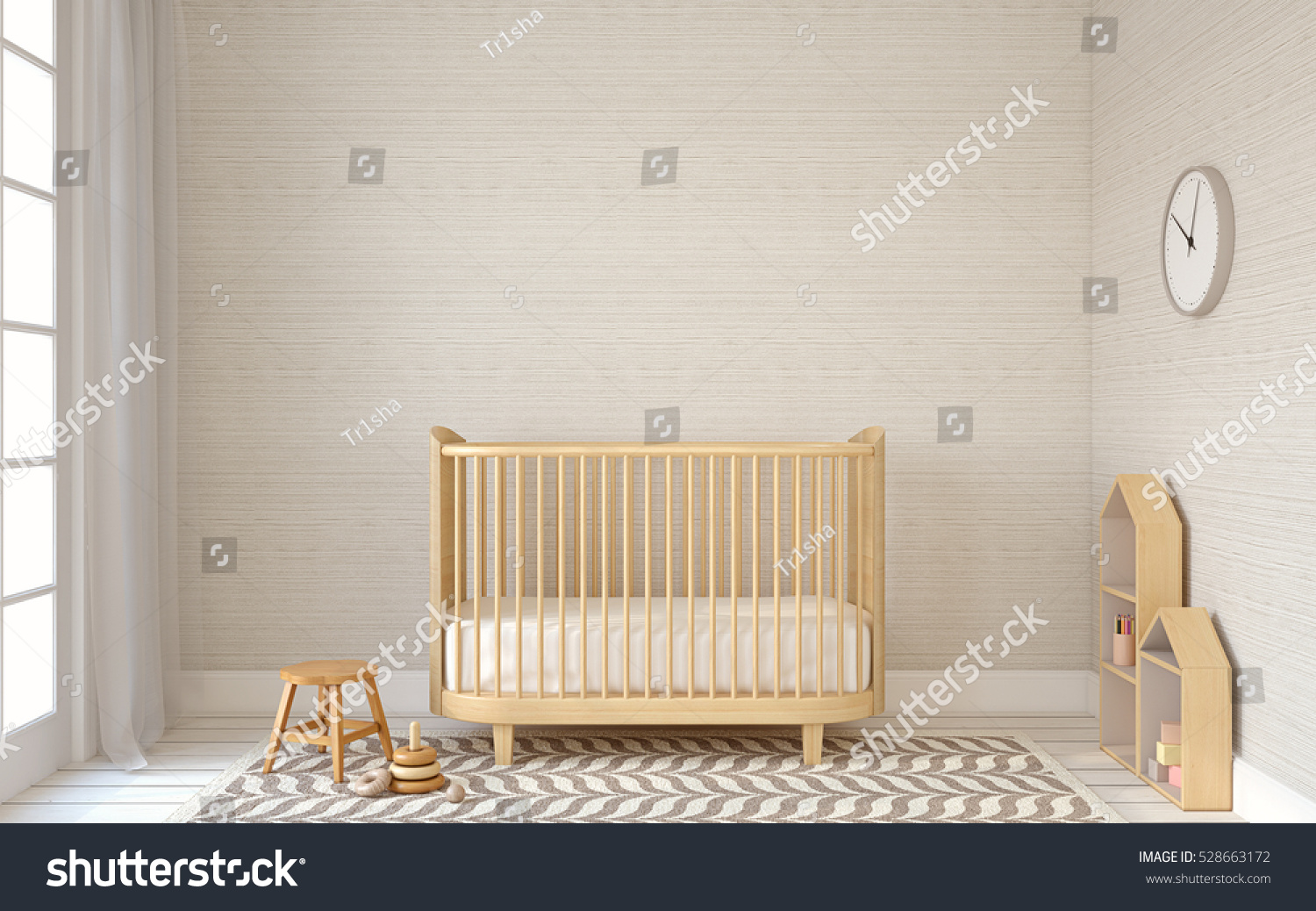 Interior of nursery in scandinavic style. 3d render.