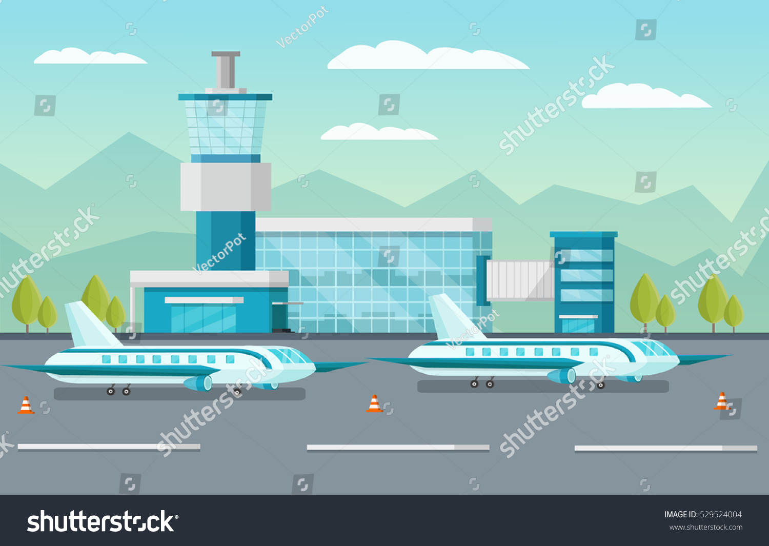 Airport building and airplanes on runway with traffic cones on natural landscape background orthogonal vector illustration