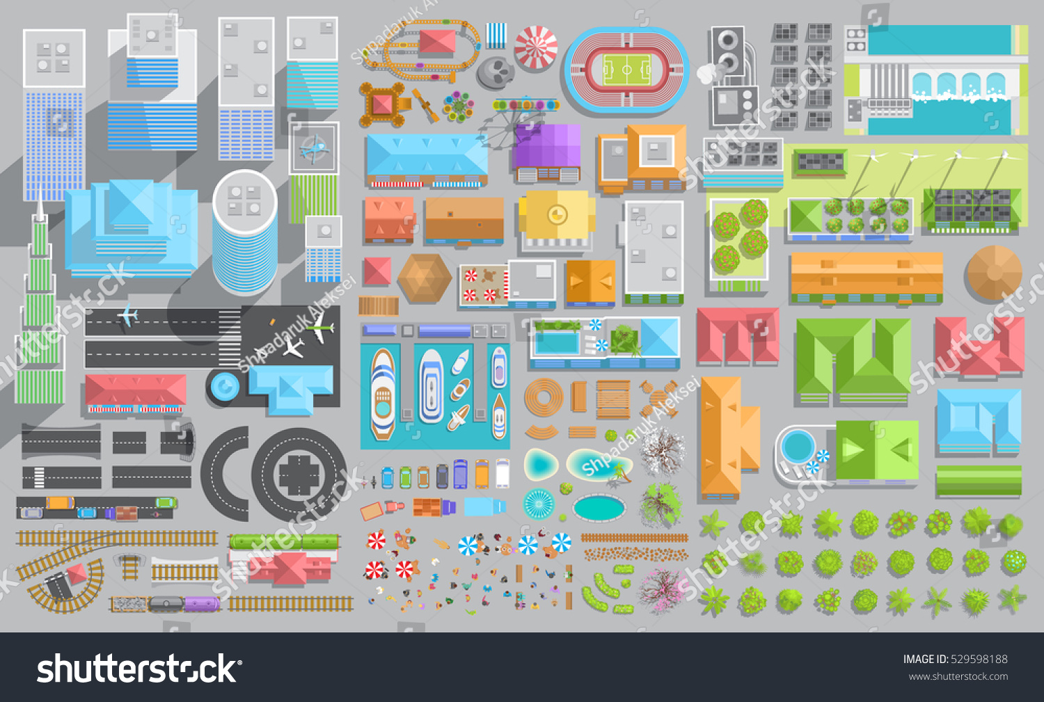 Set of landscape elements. City. (Top view) Trees  houses  buildings  skyscrapers  attractions  railroad  road  port  airport. (View from above)