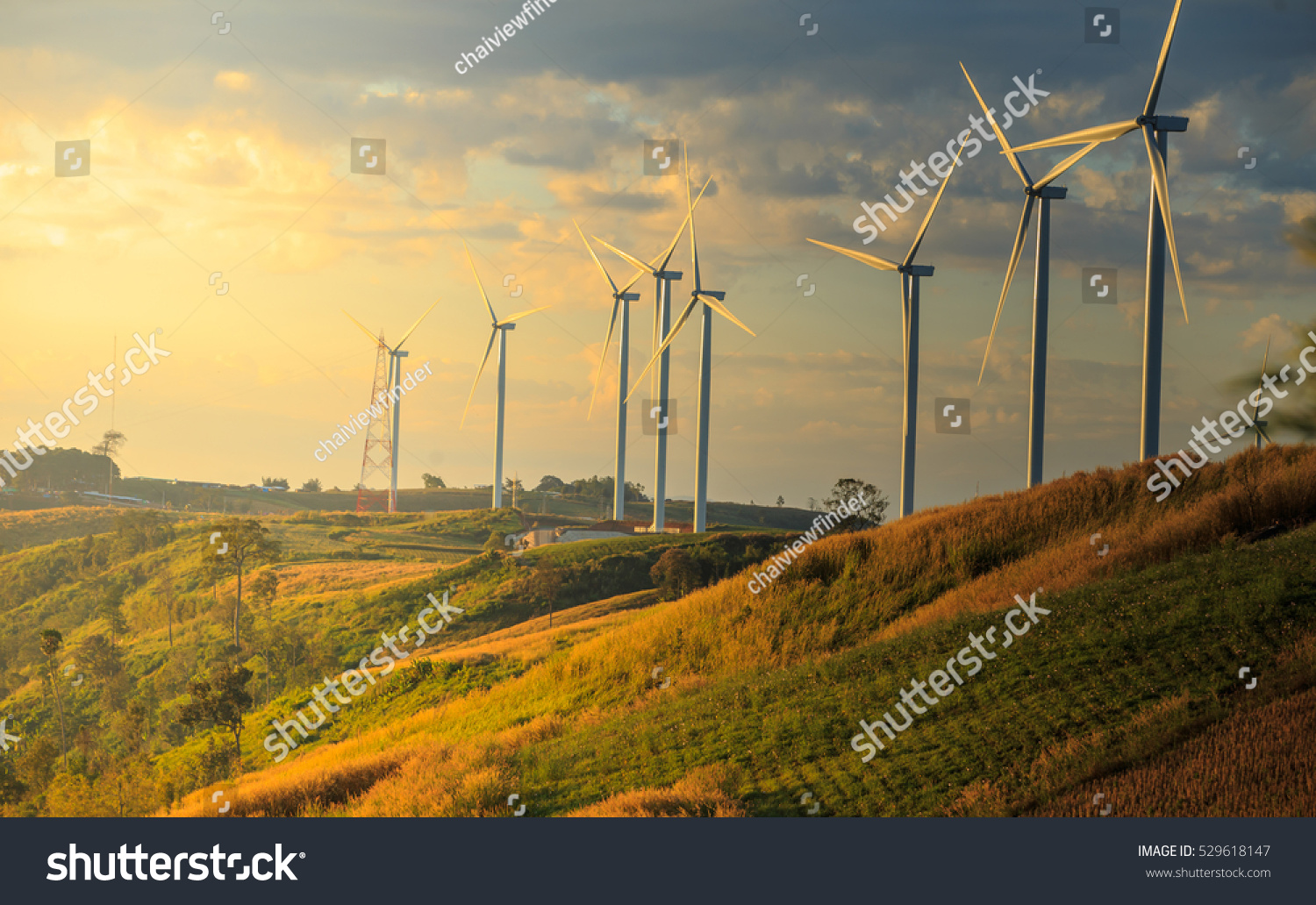Wind turbines on sunny morning