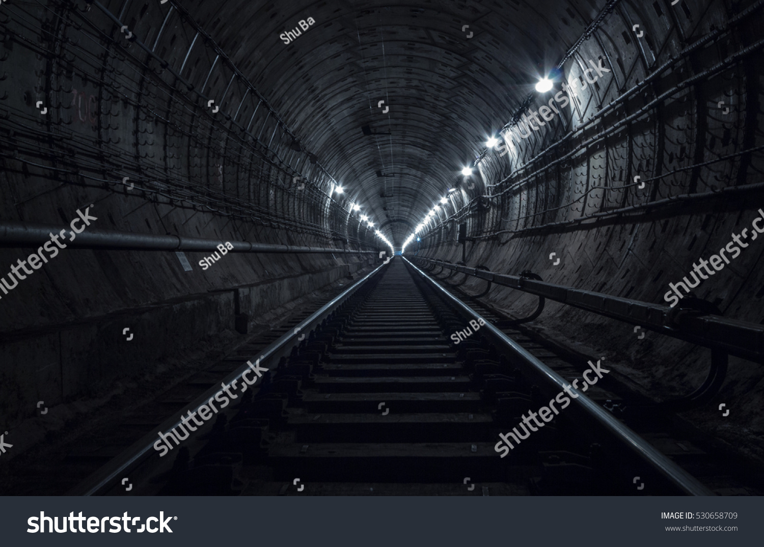 Underground tunnel. Railway in a subway tunnel