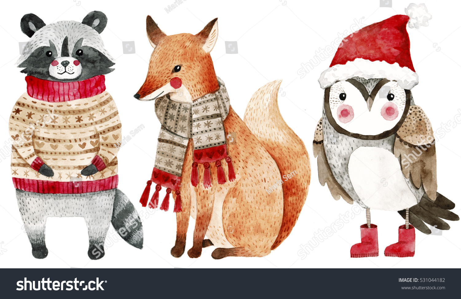 Christmas watercolor animals set: fox  raccoon and bird like owl. Cute kids illustration perfect for greeting or post cards  prints on t-shirts  phone cases book and other. Hand drawn  baby animals.