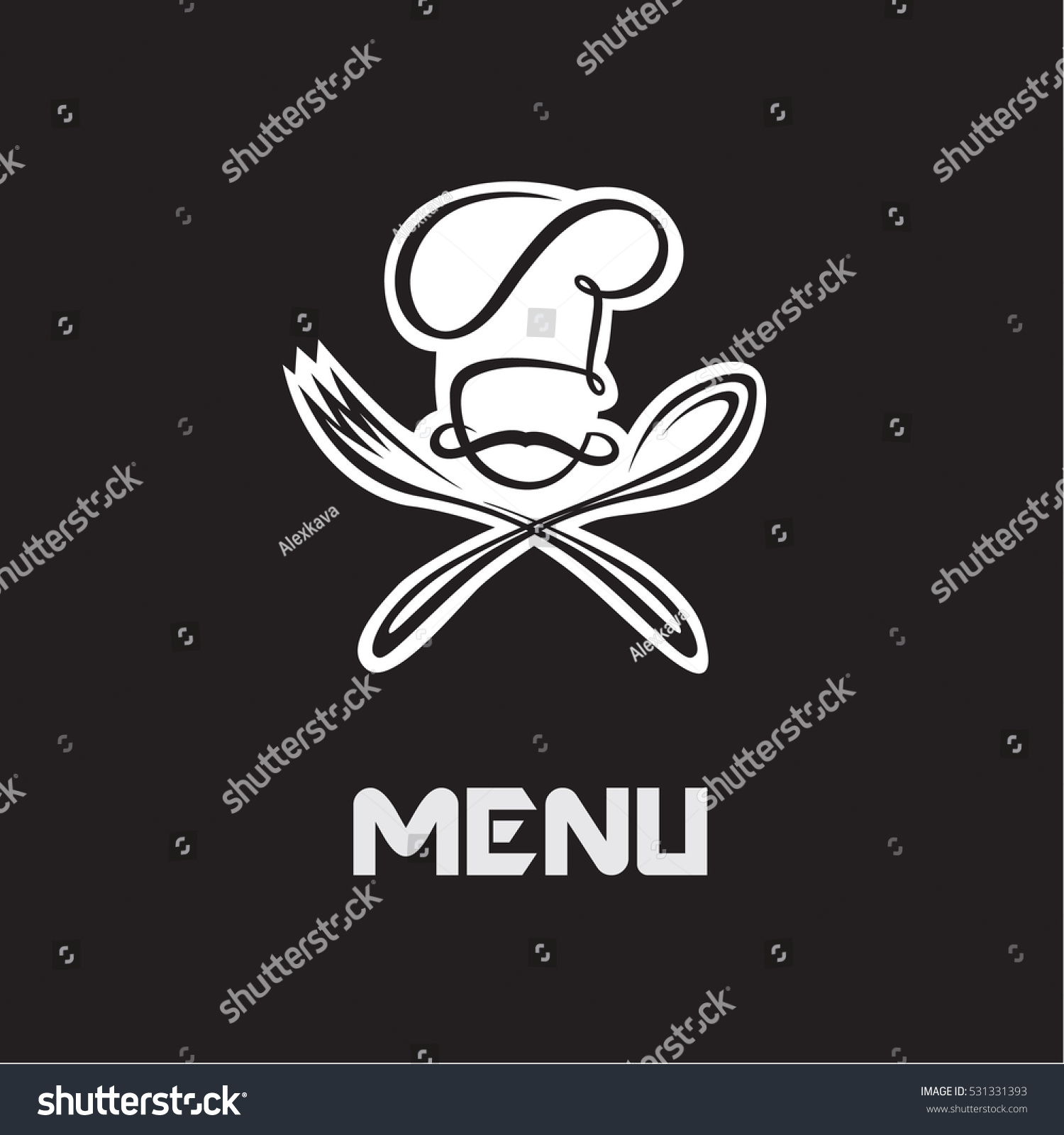 menu design with hat  fork and spoon on black background