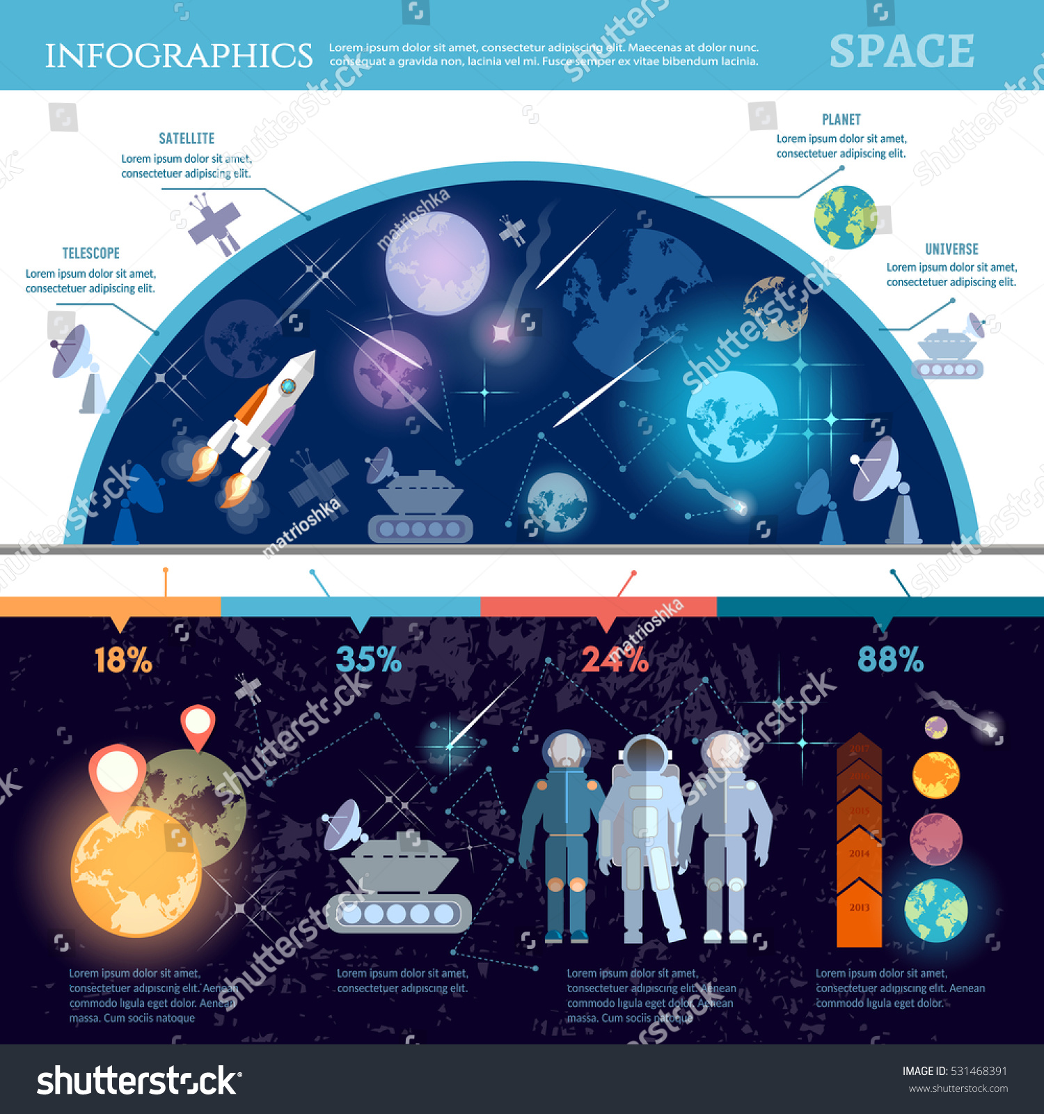 Space infographics set with study universe astronauts on new planets cosmos research symbols and charts  space solar system vector illustration