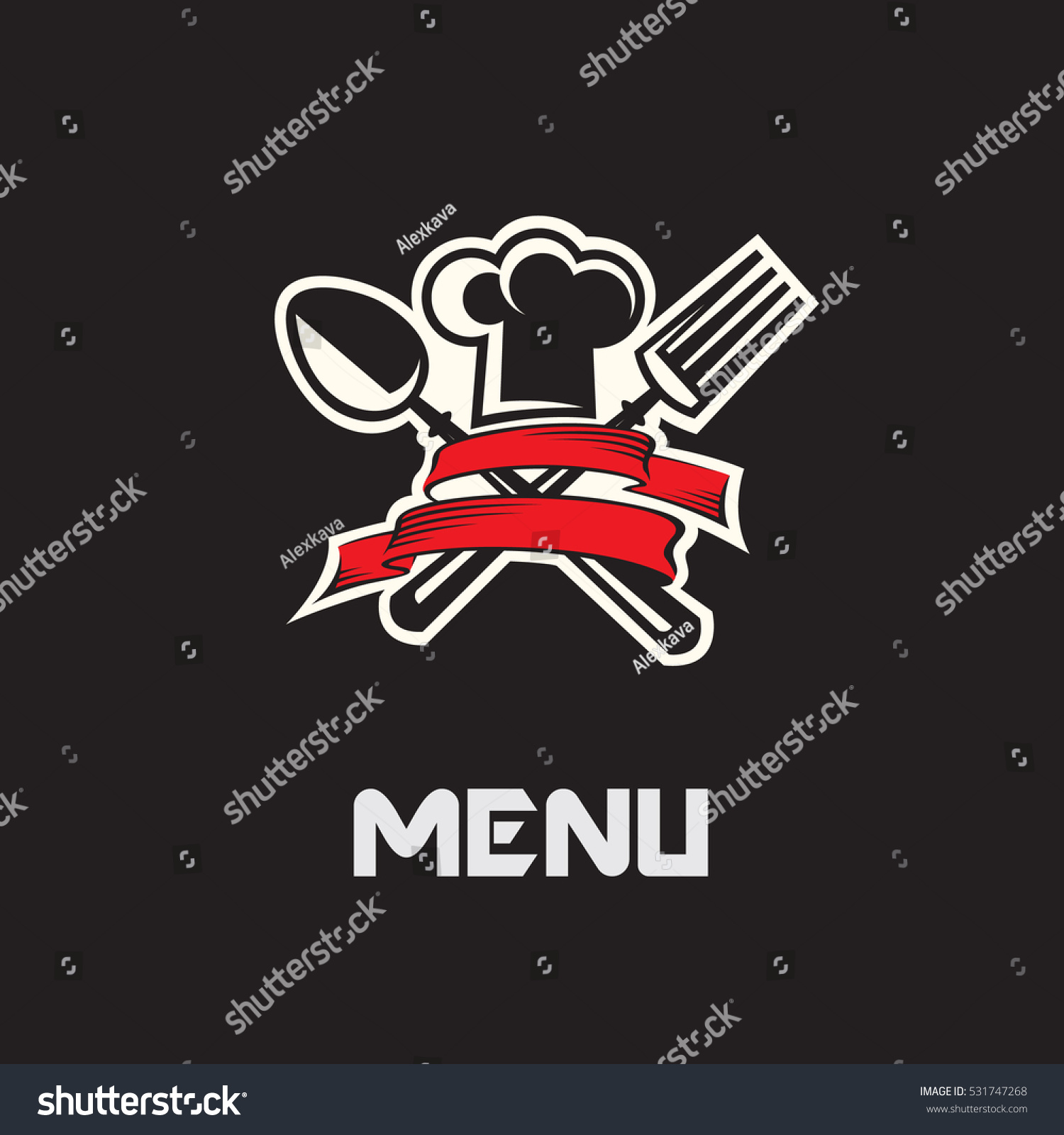 menu design with hat  fork and spoon on black background
