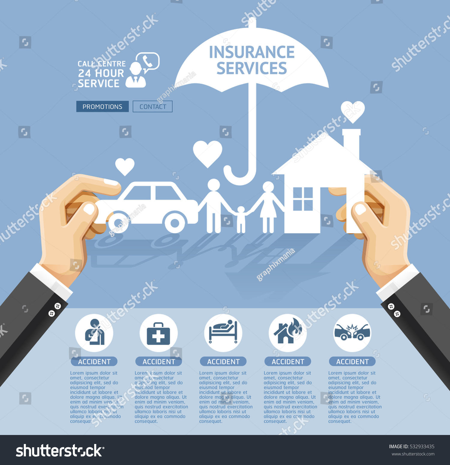 Insurance policy services conceptual design. Hand holding a paper home  car  family. Vector Illustrations.