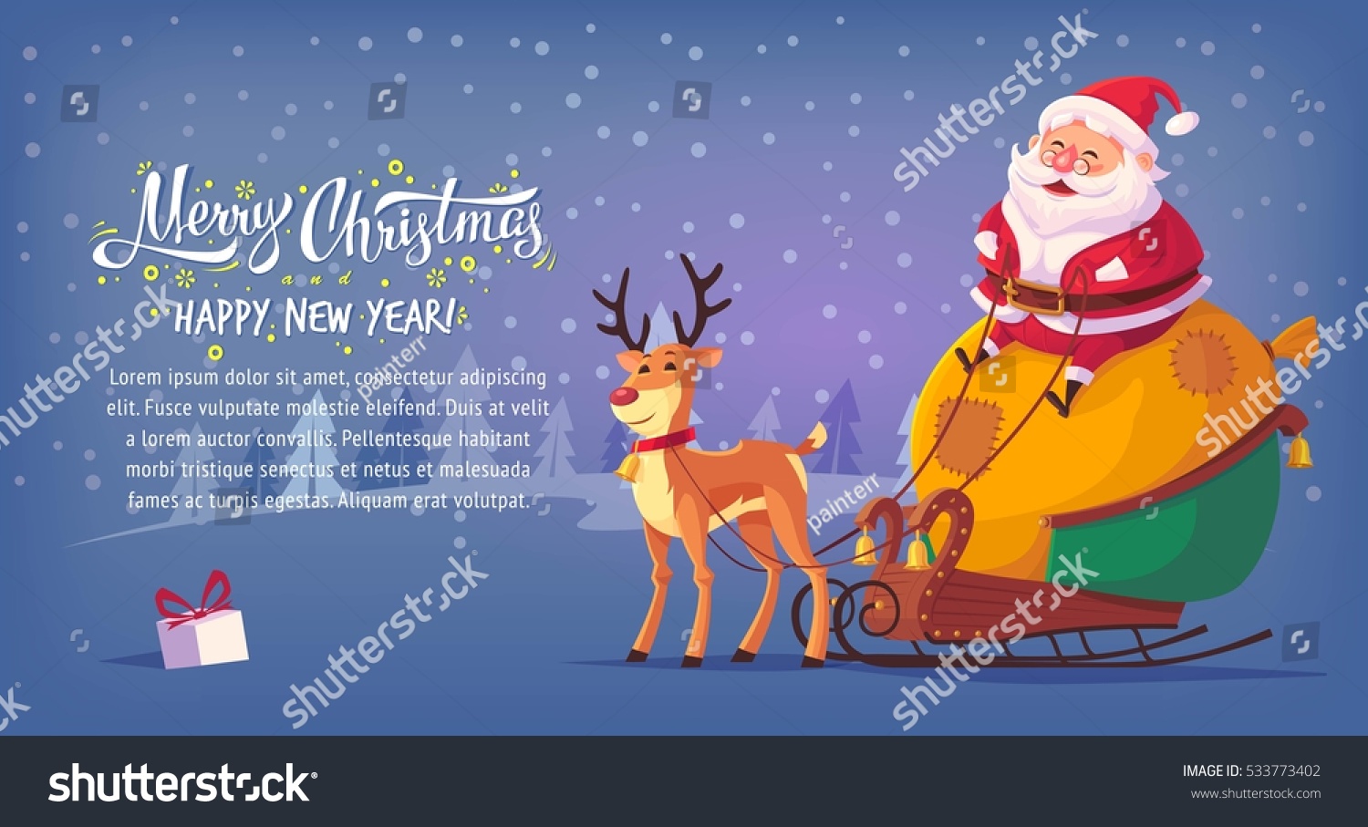 Cute cartoon Santa Claus sitting in sleigh with reindeer Merry Christmas vector illustration horizontal banner