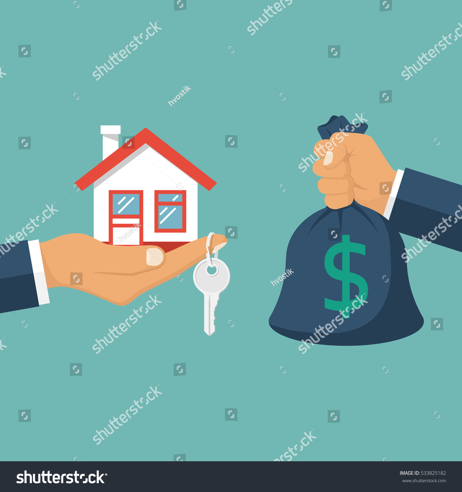 Buying house. Agent of real estate holding in hand house  key. Buyer  customer gives money bag. Deal sale and purchase of real  concept. Vector illustration flat design. Money home.