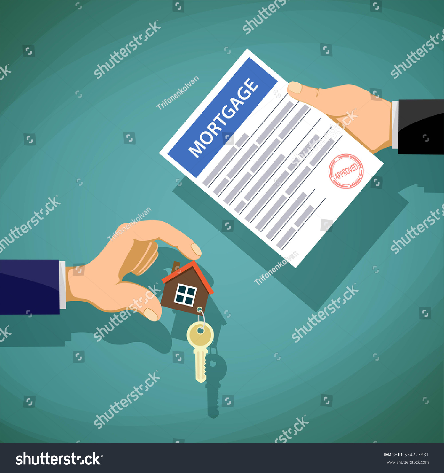 Deal with the real estate. Two people hold the key and the document on the mortgage. Stock vector illustration.