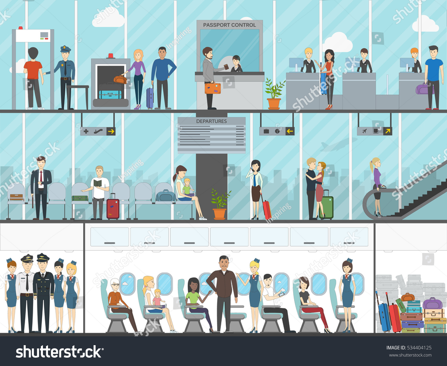 Airport terminal set. Business travel  vacation  tourism. Boarding passengers with luggage and tickets. Sitting in the plane.