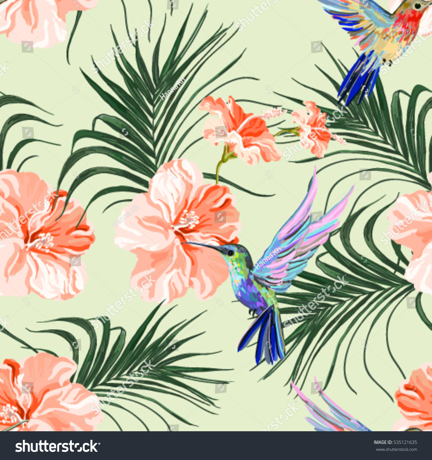 Beautiful seamless vector floral summer pattern background with hummingbird  palm leaves  hibiscus. Perfect for wallpapers  web page backgrounds  surface textures  textile.