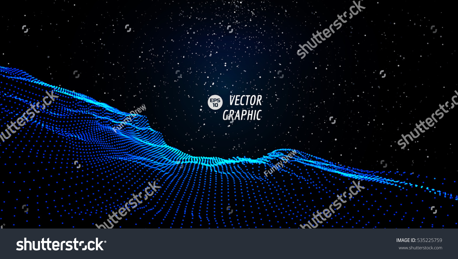 Abstract digital landscape with flowing particles and stars on horizon. Cyber or technology background.Vector illustration.