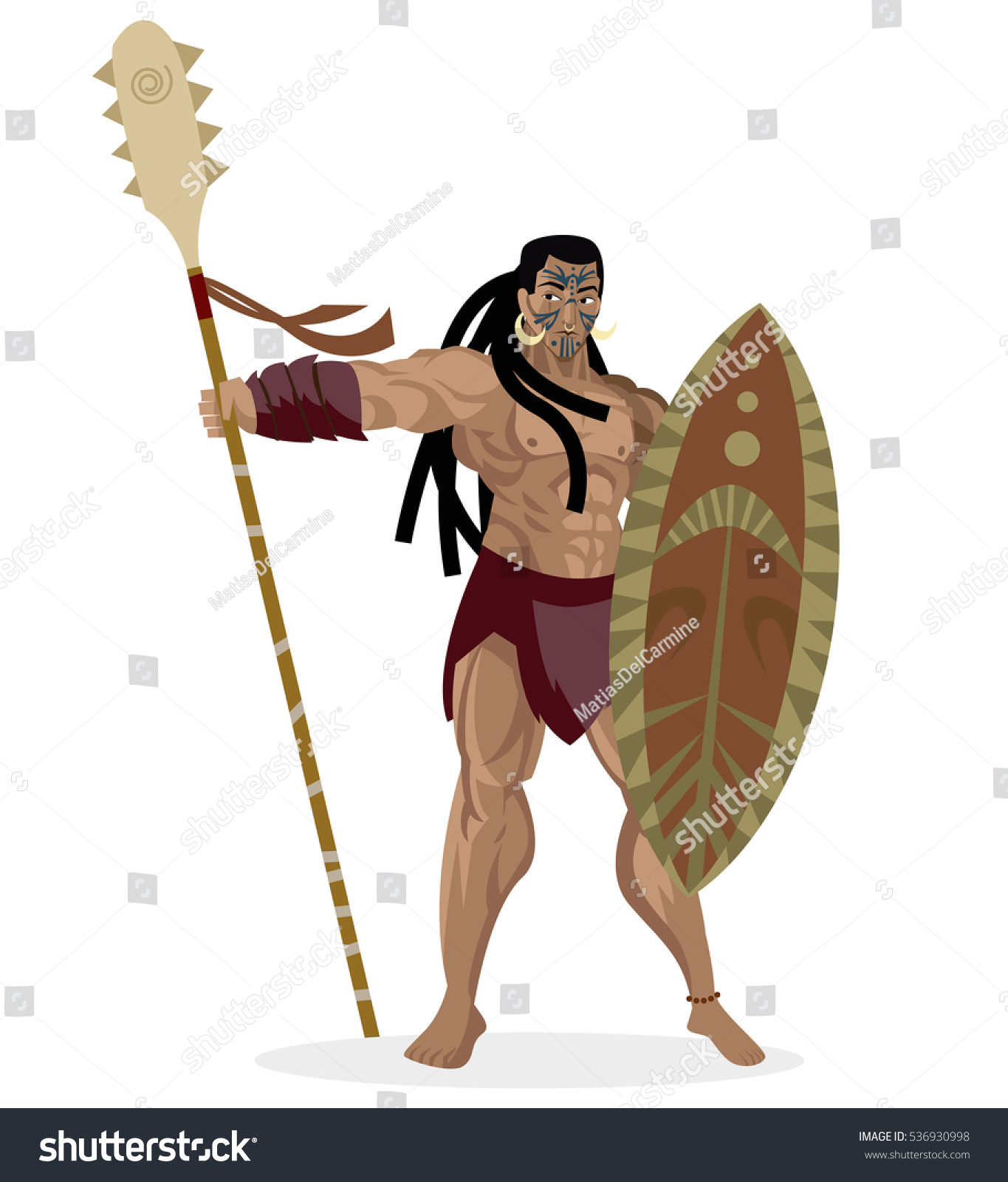 maori brave warrior with shield and shark teeth weapon