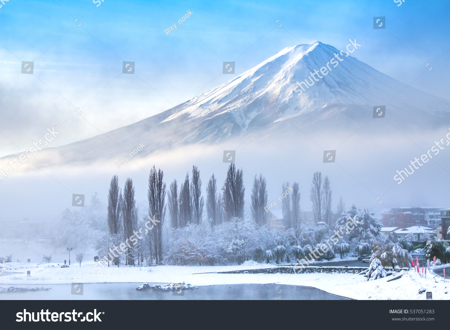 Mt Fuji with snow in winter at lake Kawaguchiko Japan