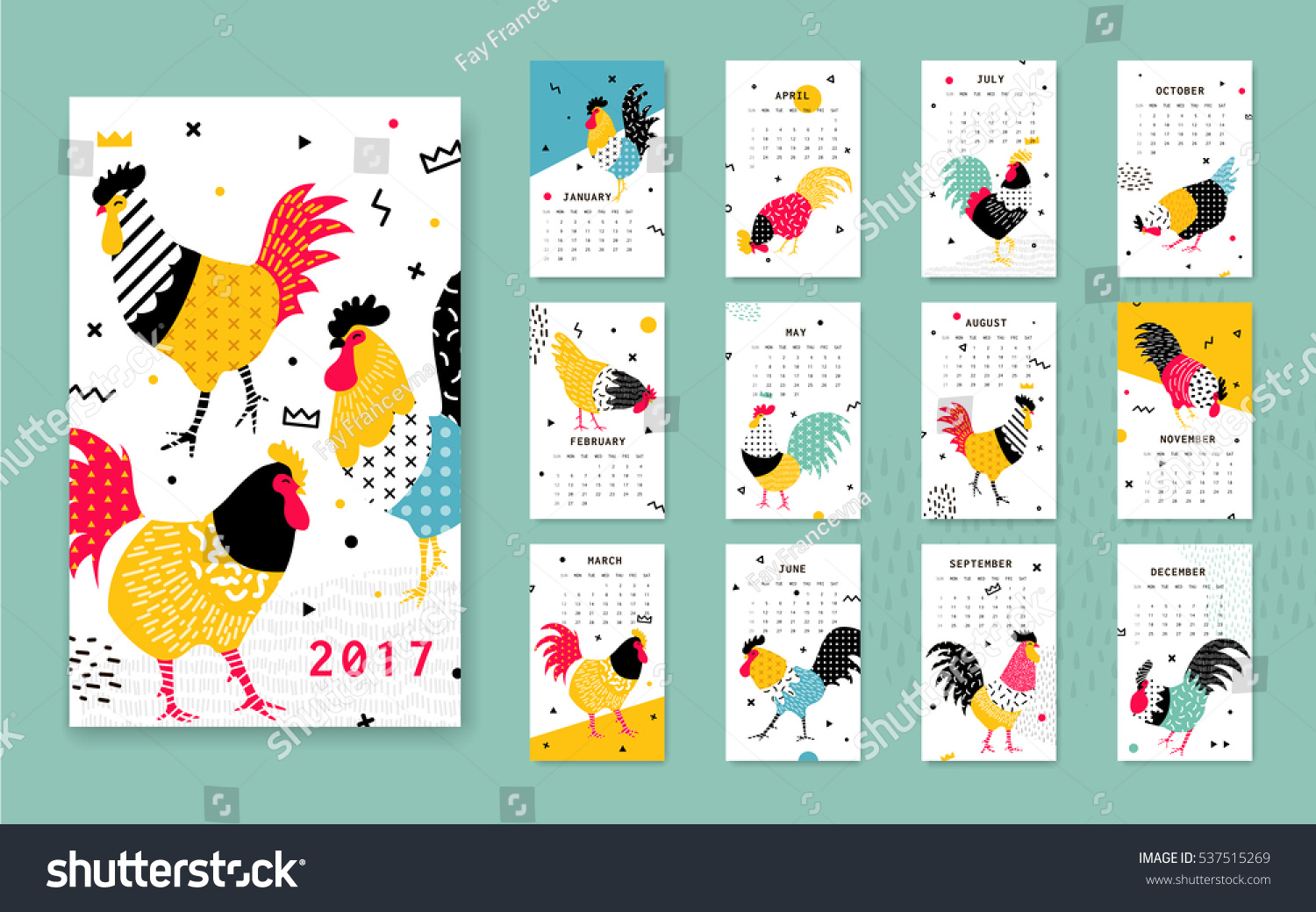 Template calendar 2017 with a rooster in Memphis style. Rooster symbol of Chinese New Year. 12 illustrations of birds with different geometric ornaments in the style of 80-90. 