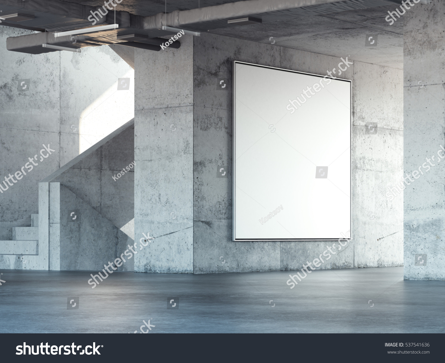 Concrete stairway with big blank square billboard. 3d rendering